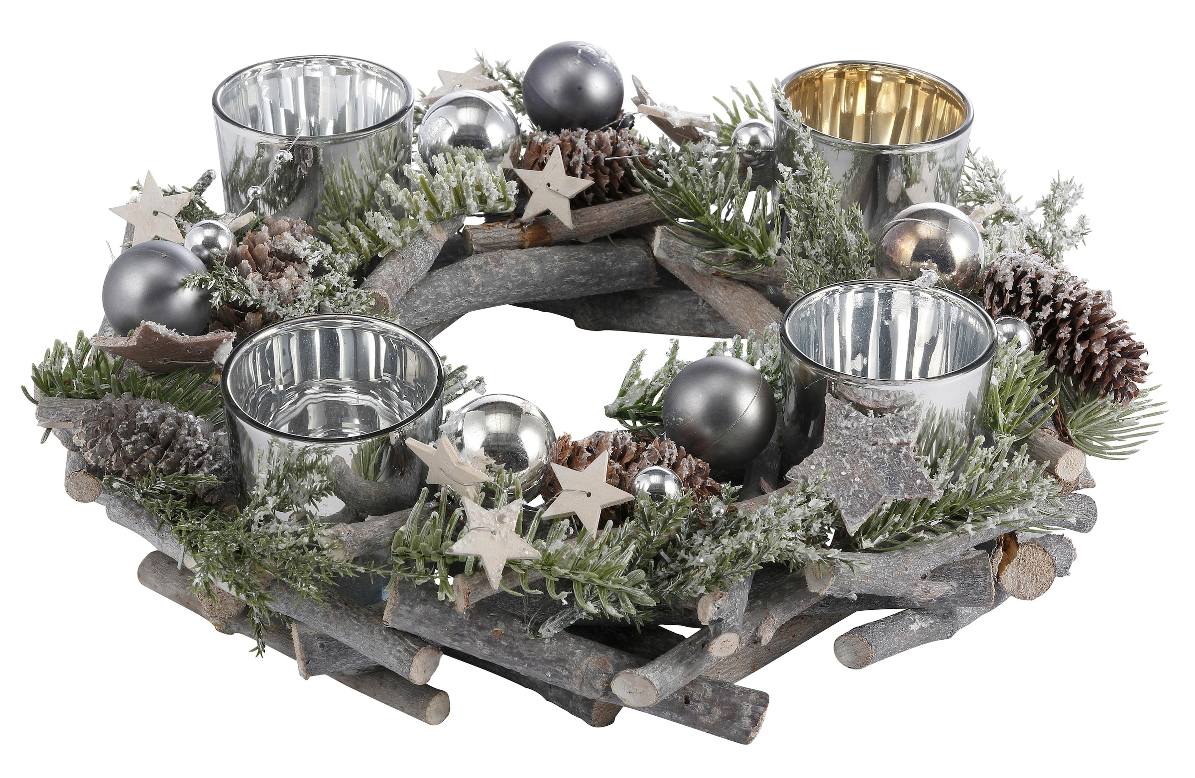 Home affaire Adventskranz »Weihnachtsdeko aus reduziert! Ø Teelichter, Glitter«, Kunstschnee Kerzenhalter Echtholz, 30 cm mit für und 4
