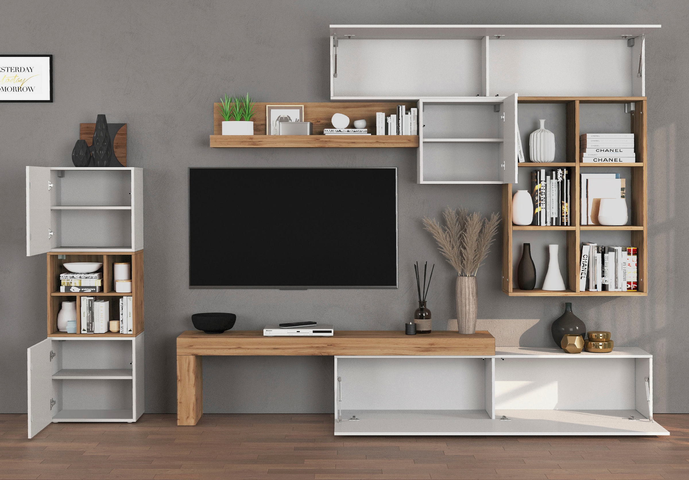 INOSIGN Wohnwand »Chronos Wohnwand, Medienwand, 8-er set«, (Set, 8 St.), ca. 320 cm mit Hängeschränke, Würfel, Regal, Lowboard, Made in Italy