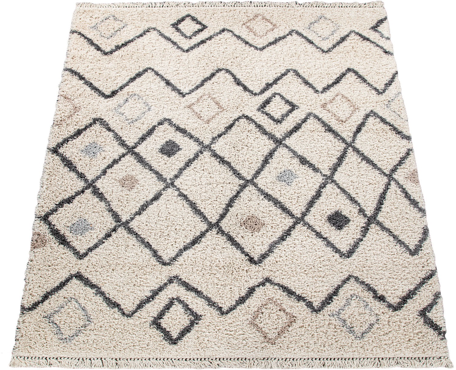 Image of Paco Home Hochflor-Teppich »Wooly 286«, rechteckig, 35 mm Höhe, Berber Design, Rauten Motiv, weich & kuschelig, mit Fransen, ideal im Wohnzimmer & Schlafzimmer bei Ackermann Versand Schweiz