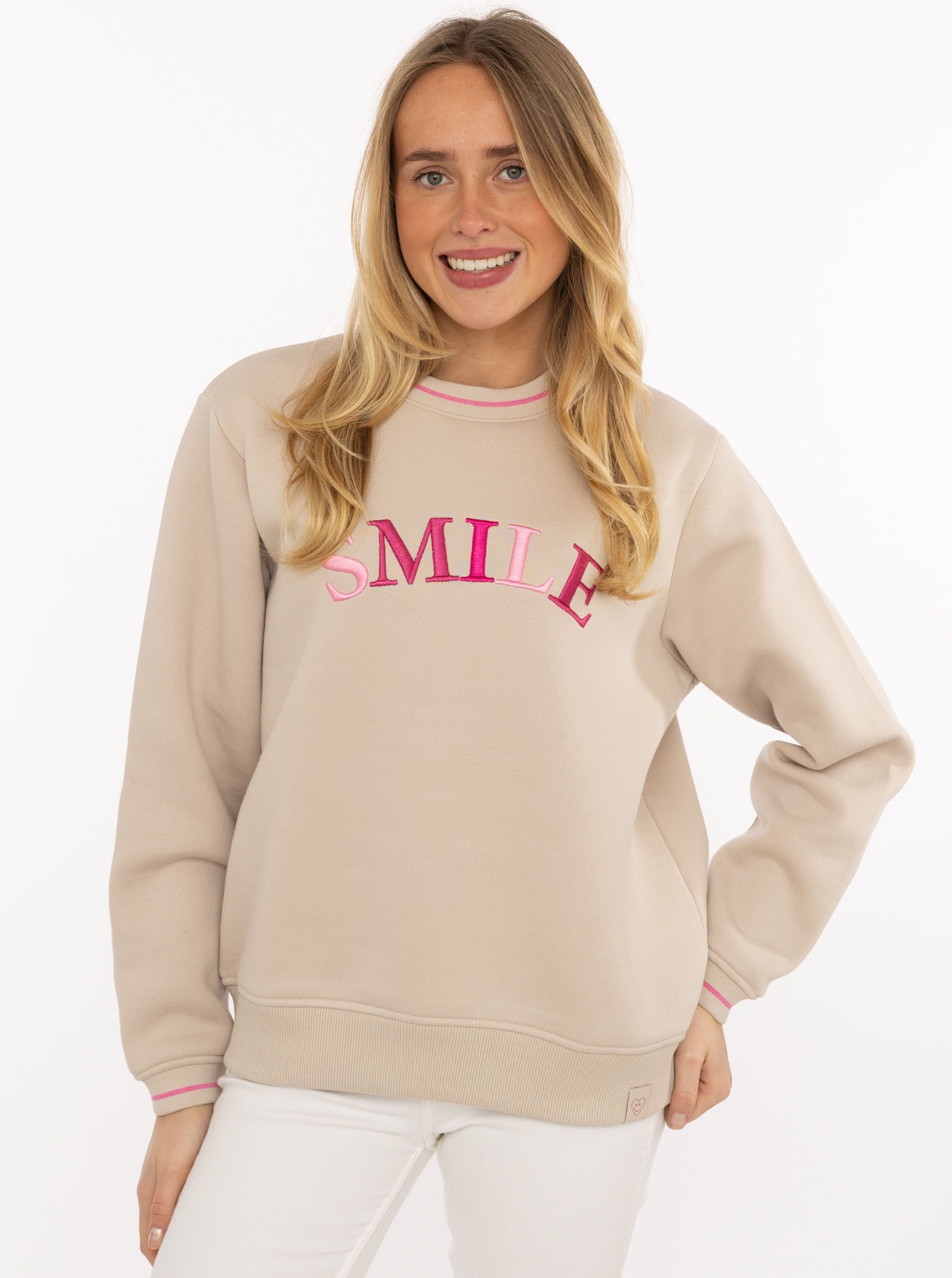 Zwillingsherz Hoodie »"Smile Shine"«, Rundhals, mit Lurexstreifen an den Bündchen, glänzende Stickerei
