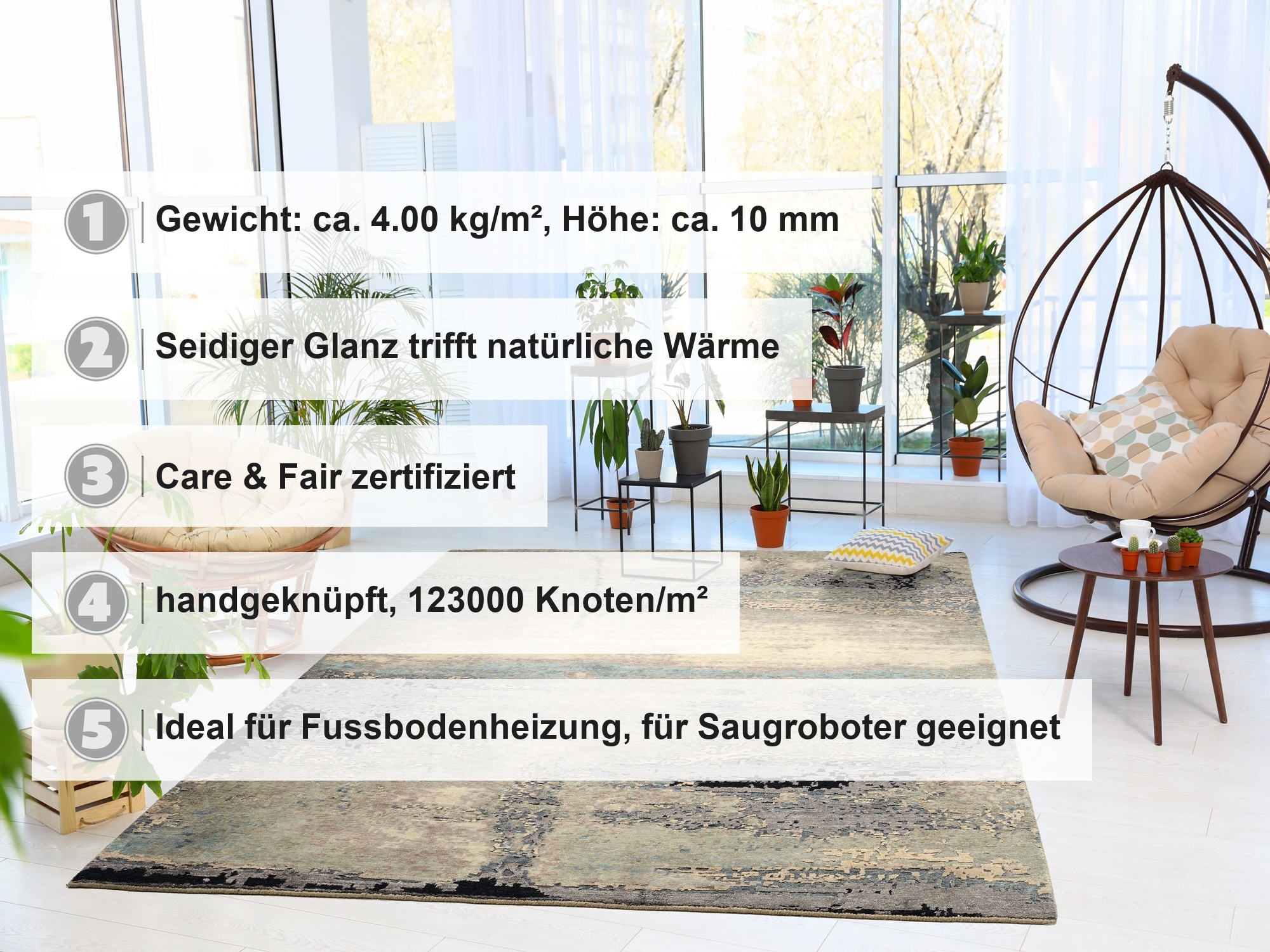 OCI DIE TEPPICHMARKE Teppich »PHENOM MARBELLA« rechteckig 10 mm Höhe handgeknüpfter Designer Teppich Naturfaser Kurzflor