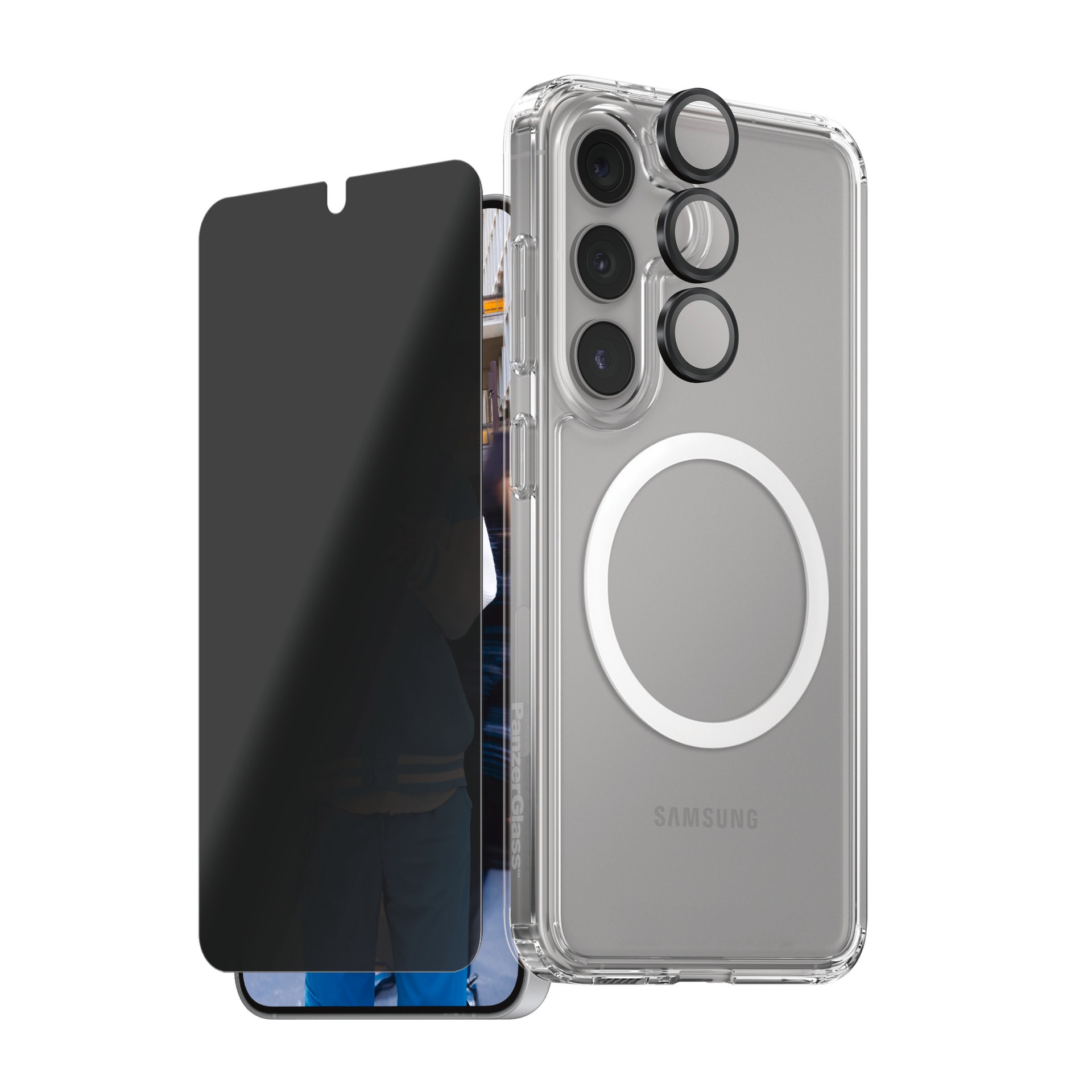 CARE by PanzerGlass Displayschutzglas »3-in-1 Privacy Protection Set«, für Samsung Galaxy S25, Blickschutz, Schutzfolie, Bildschirmschutz, kratz- & stossfest