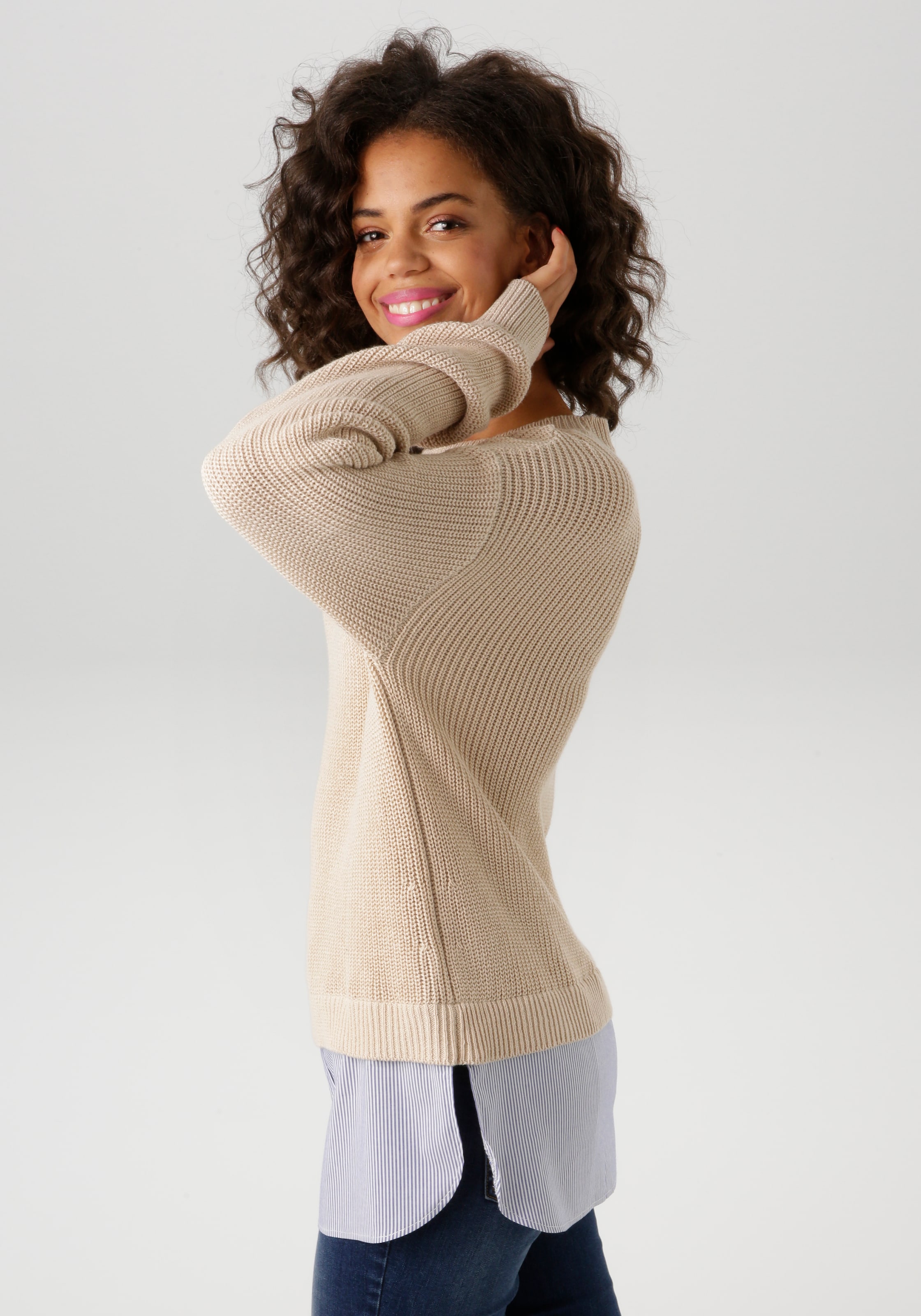Aniston CASUAL Strickpullover mit gestreiftem Bluseneinsatz am Saum