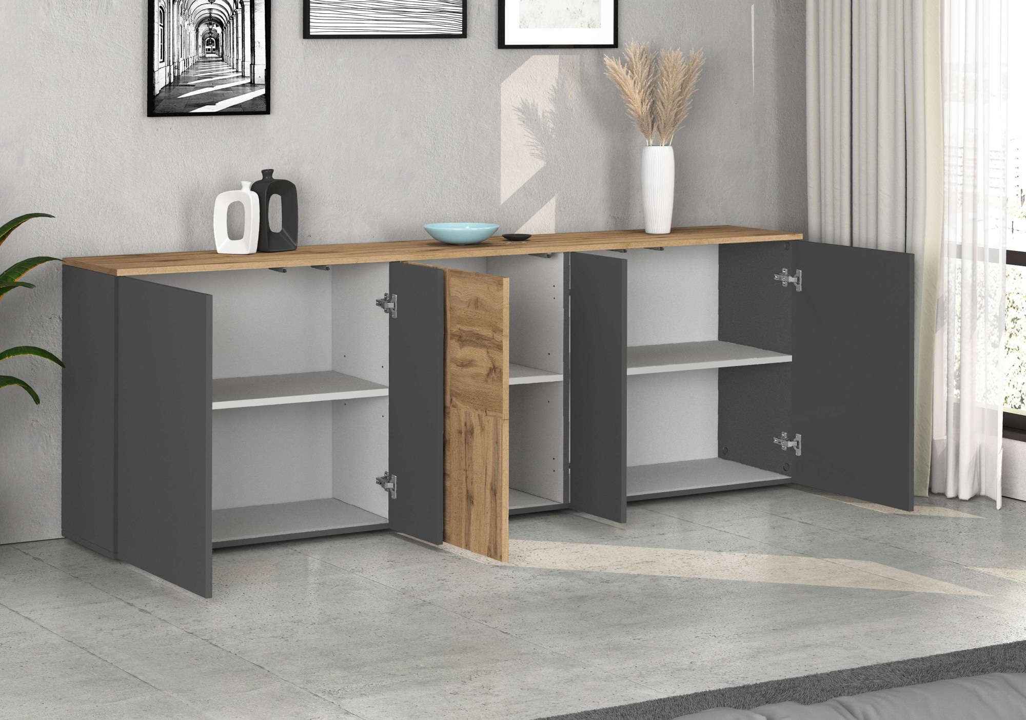 GOODproduct Sideboard »ISEO, Kommode, Schrank, Sideboard, Lowboard, 6 Fächer, Breite 200 cm« 1 Stk. tlg. stehend/hängend, 5 Türen, 6 Fächer, Breite 200 cm