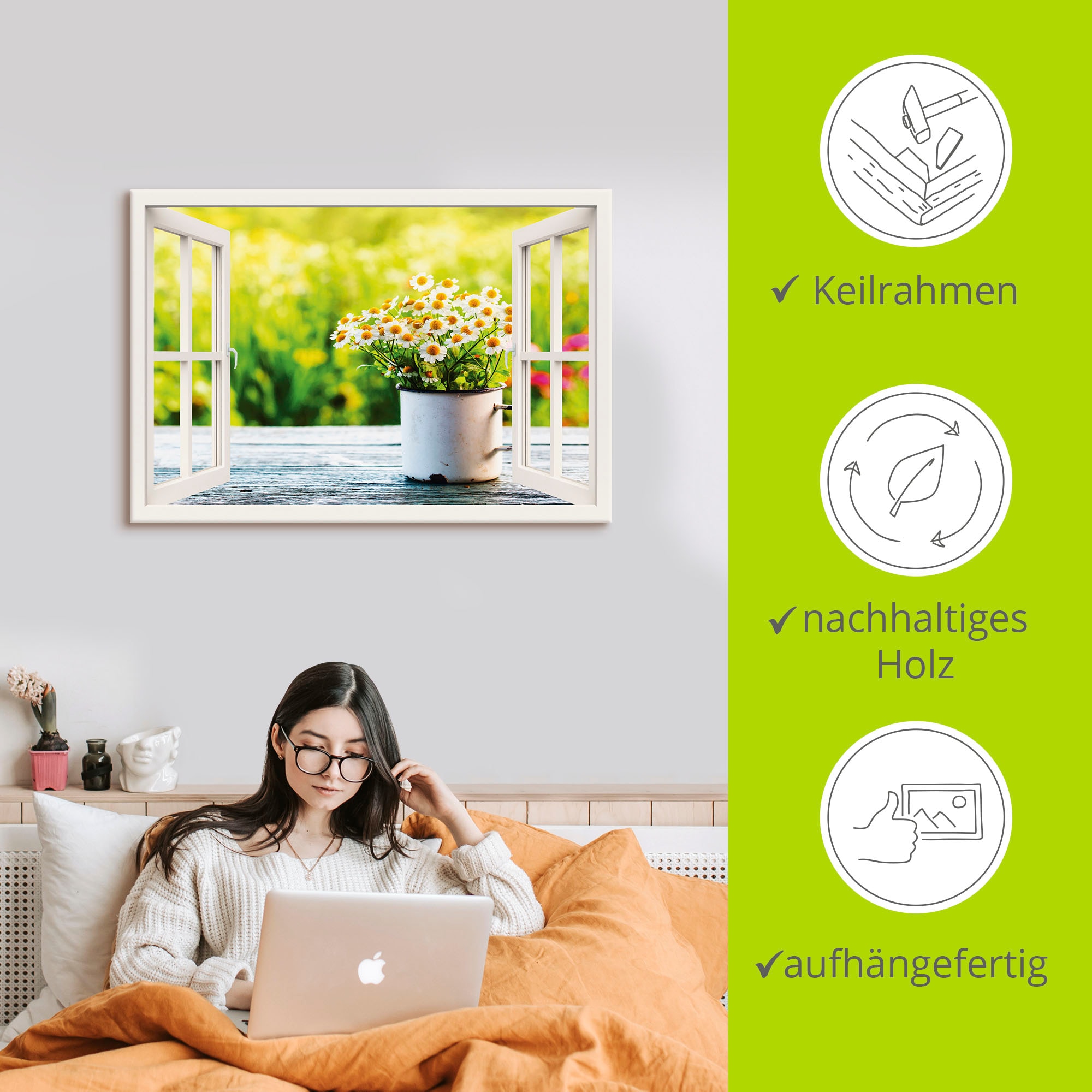 Artland Wandbild »Fensterblick Garten mit Gänseblümchen«, Blumen, (1 St.), als Alubild, Outdoorbild, Leinwandbild, Wandaufkleber, versch. Grössen