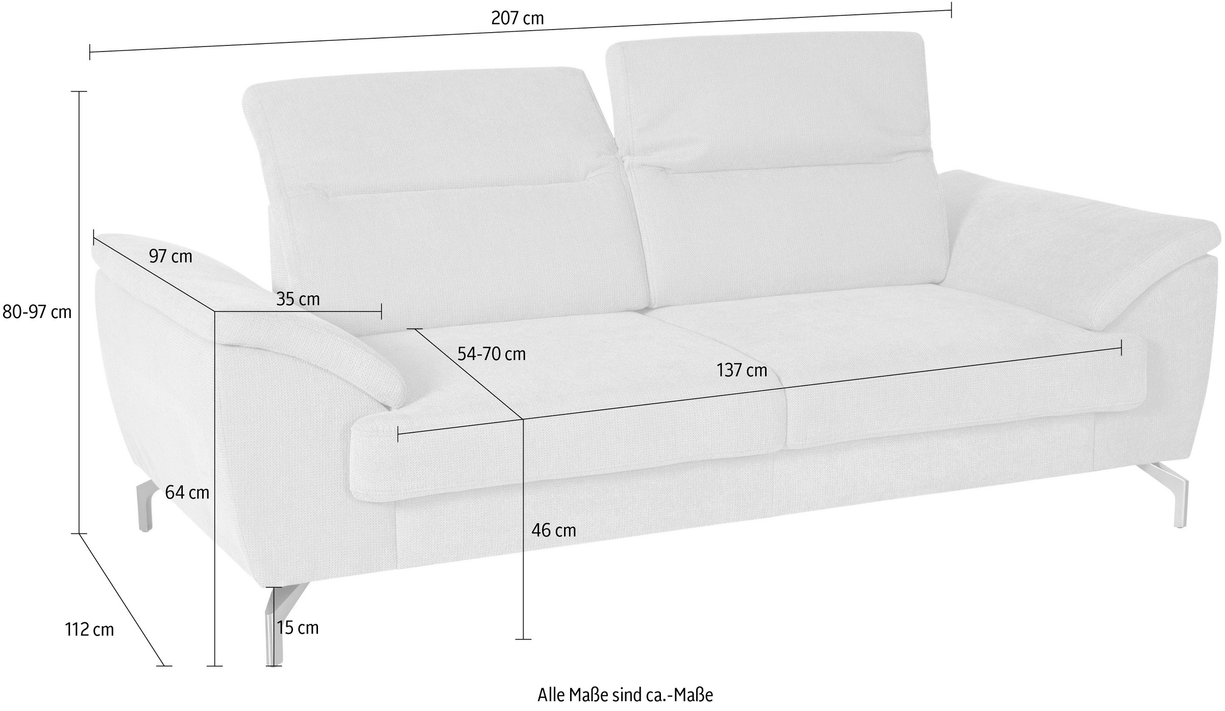 sit&more 2,5-Sitzer »Percy«, 15 cm Fusshöhe, Sitztiefenverstellung, wahlweise Kopfteilverstellung