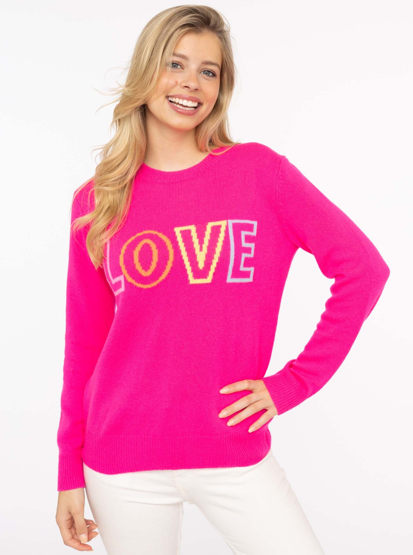 Image of Zwillingsherz Kaschmirpullover ""LOVE" wording" Rundhals, mit LOVE Aufschrift in Neonfarbe