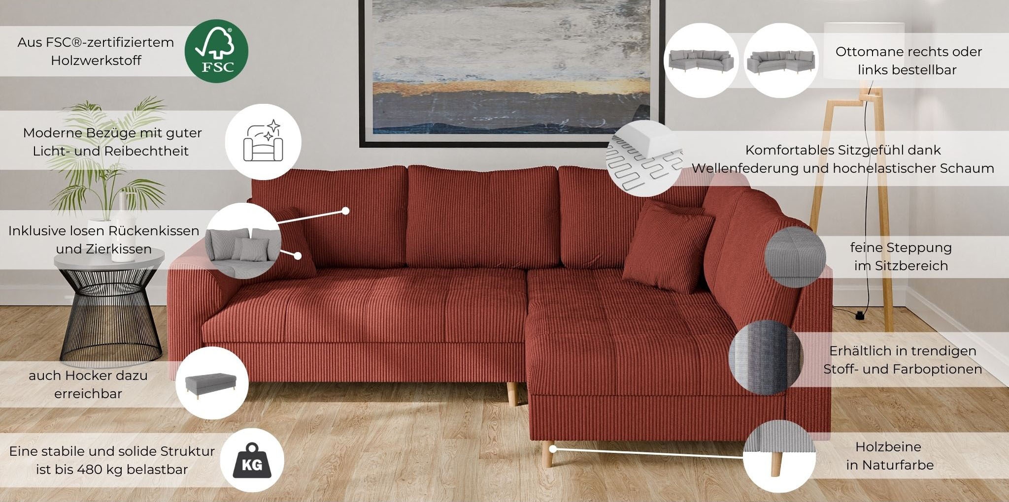 Home affaire Canapé d'angle »CHARRE L-Form mit Ottomane, Masse B/T/H: 231/161/81 cm« feine Steppung, lose Rücken- und Zierkissen, auch in Cord und Bouclé