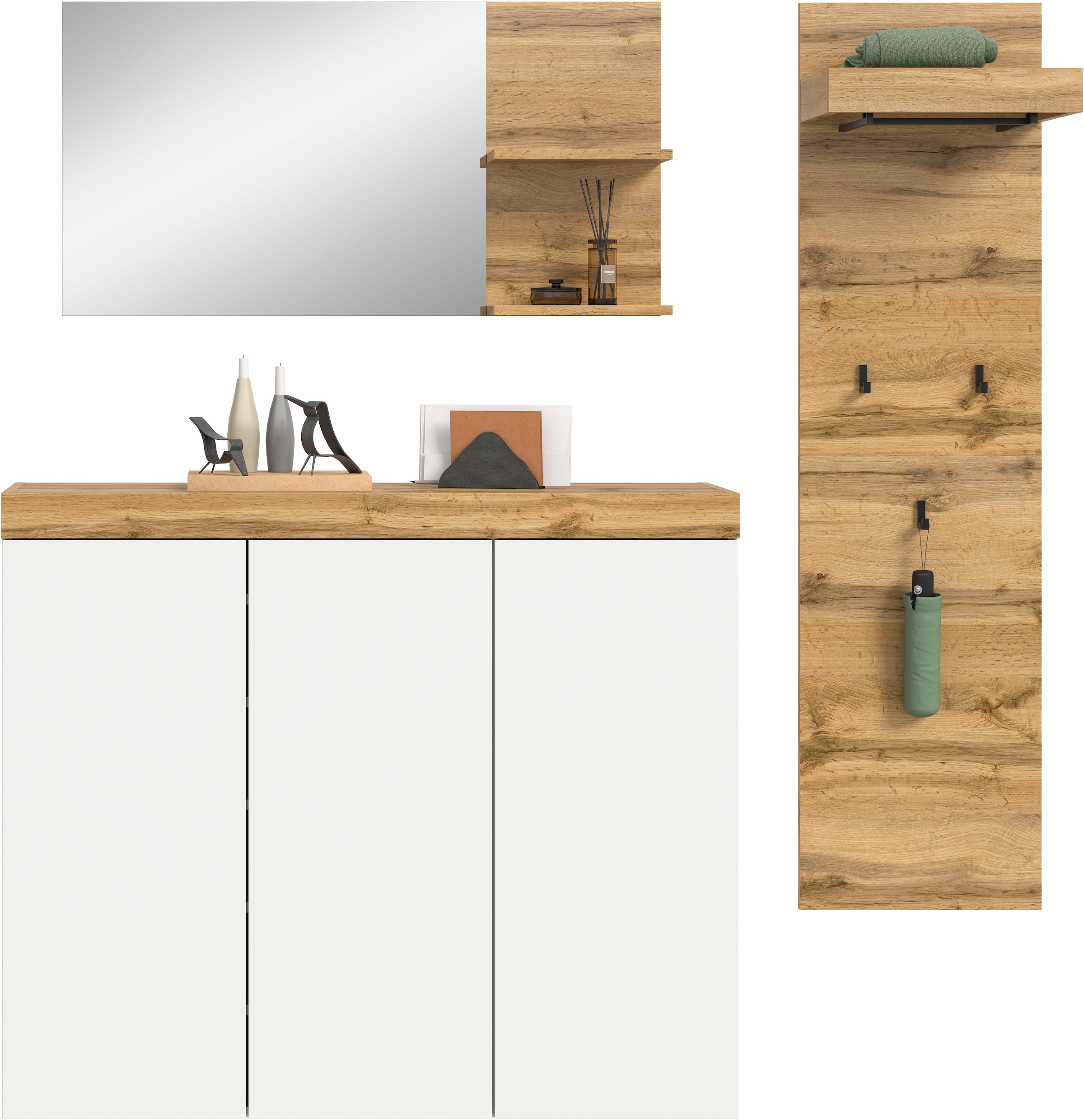 GOODproduct Ensemble de vestiaires »MAMBO, TOPSELLER!, 3-teilige Kombination, stehend & hängend montierbar« bestehend aus: Kommode, Spiegel, Garderobenpaneel, 3 cuis tlg.