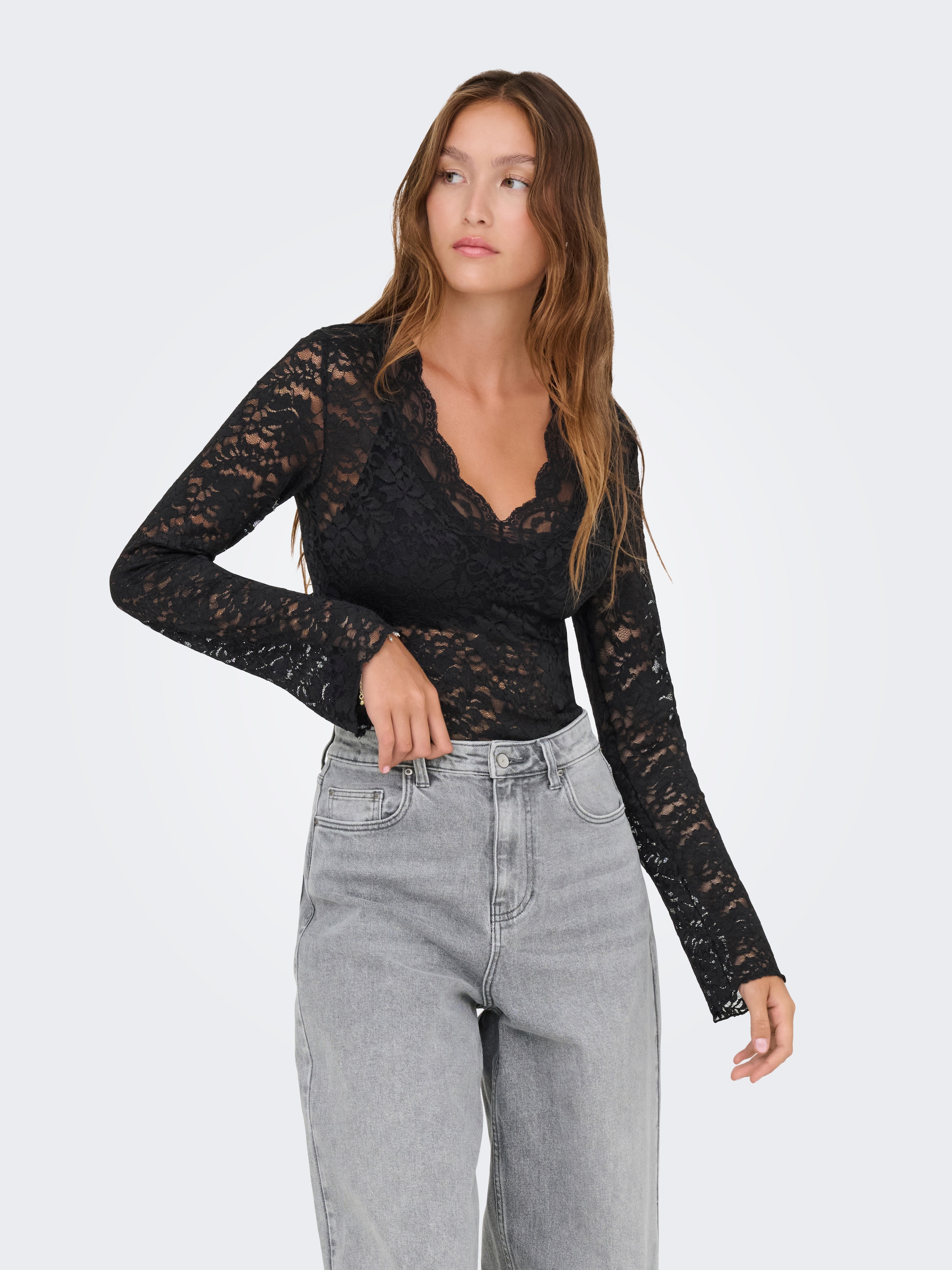 Image of ONLY Spitzenshirt "ONLNIKKA L/S LACE TOP JRS NOOS" Materialmix