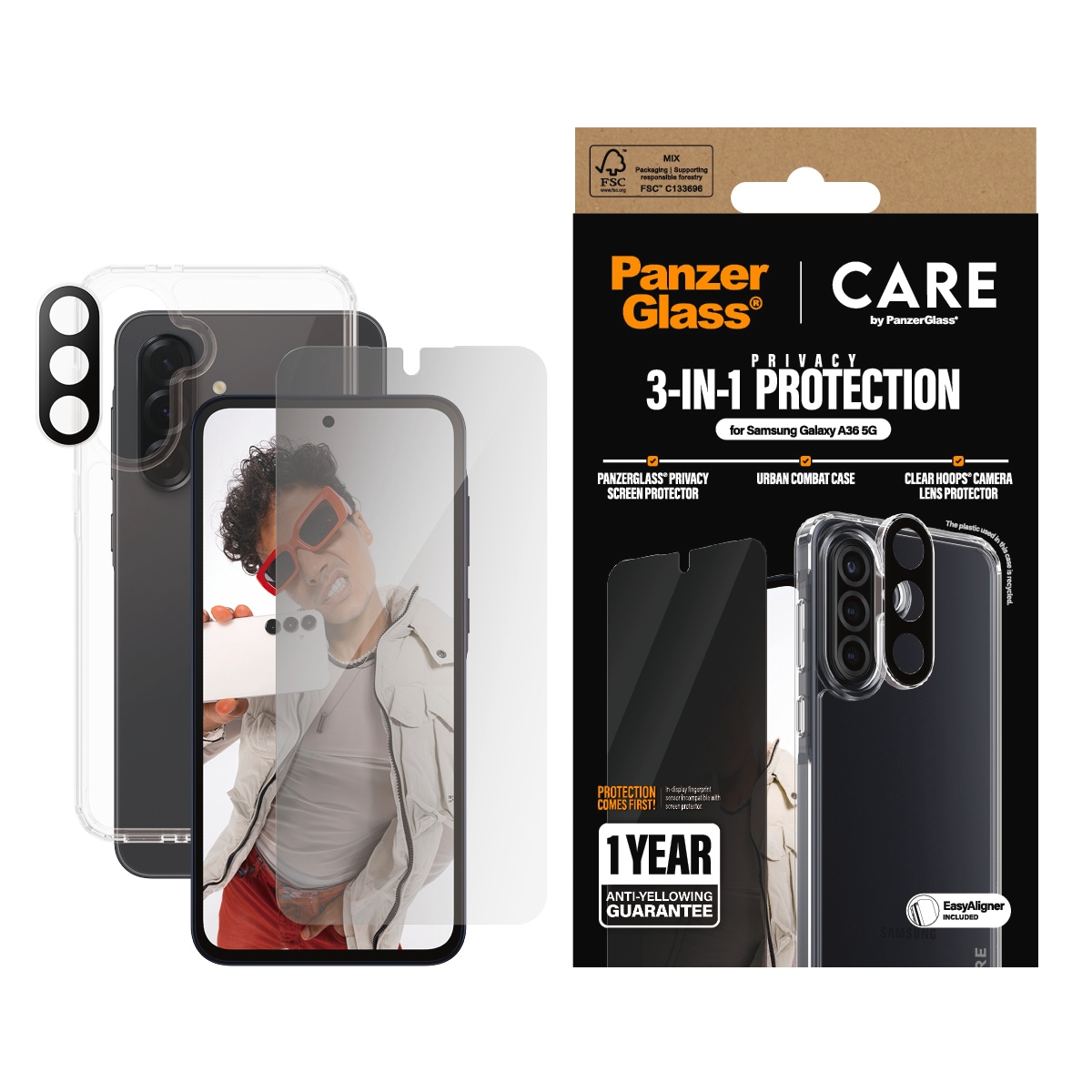 Image of CARE by PanzerGlass Displayschutzglas "3-in-1 Protection Urban Combat Case + Screen Protection + Hoops" für Samsung Galaxy A36 Displayschutzfolie, Schutzfolie, Bildschirmschutz, kratz- & stossfest