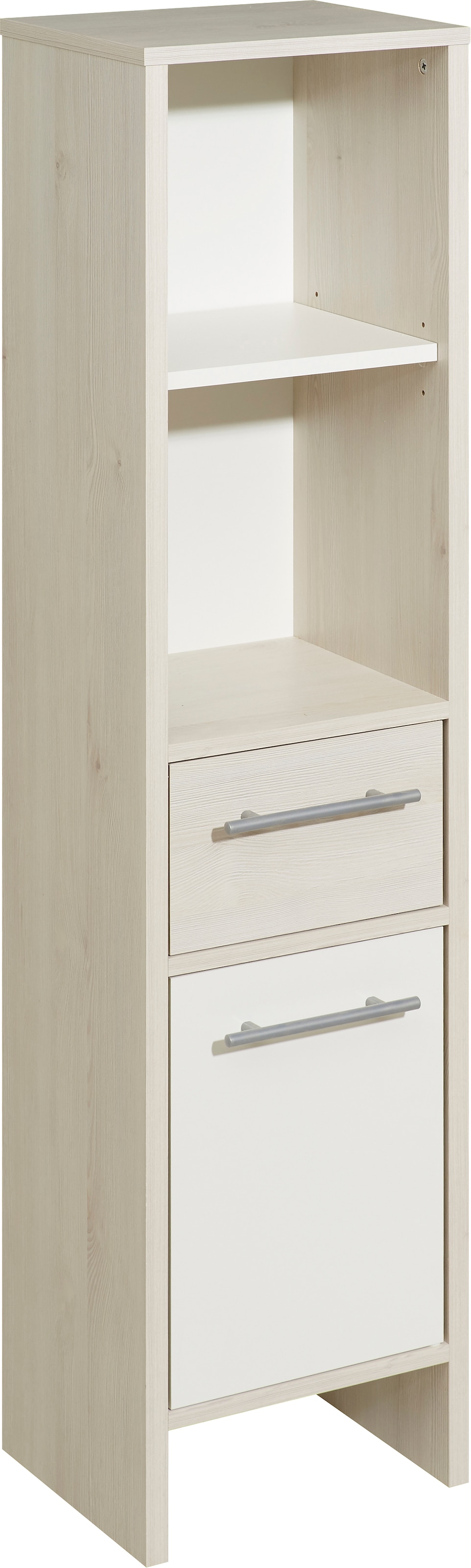 Image of Saphir Midischrank "Quickset 350 Badschrank 33 cm breit, 1 Tür, 1 Schublade, 2 Regalfächer" 1 Stk. tlg. Badezimmer-Midischrank Pinie Ida hell, Griffe alufarbig