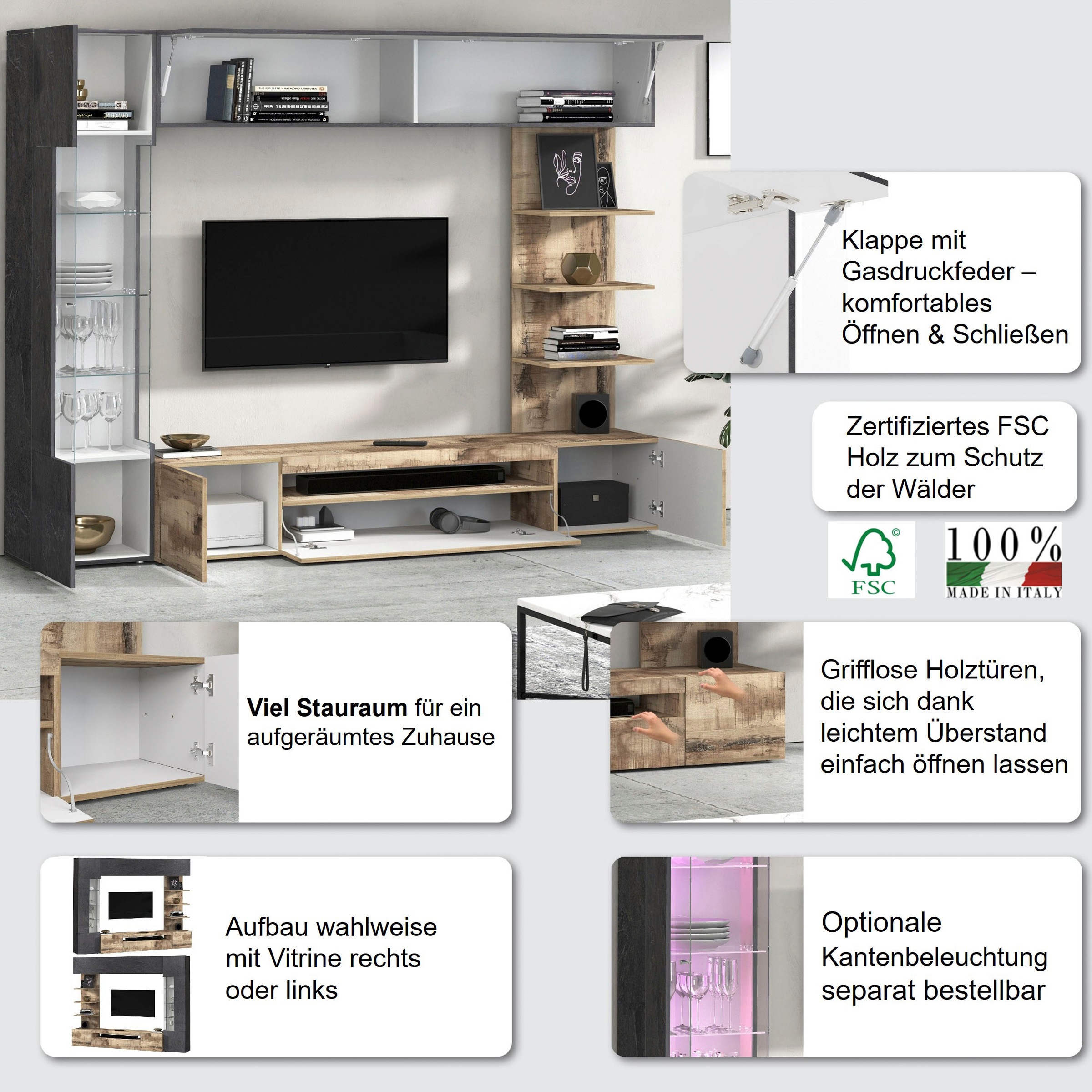 GOODproduct Wohnwand »Wohnwand New Egypt, Anbauwand, Medienwand, Wohnzimmerwand« Weiss in Hochglanz, alle anderen Farben in matter Ausführung., 4 Stk. tlg.