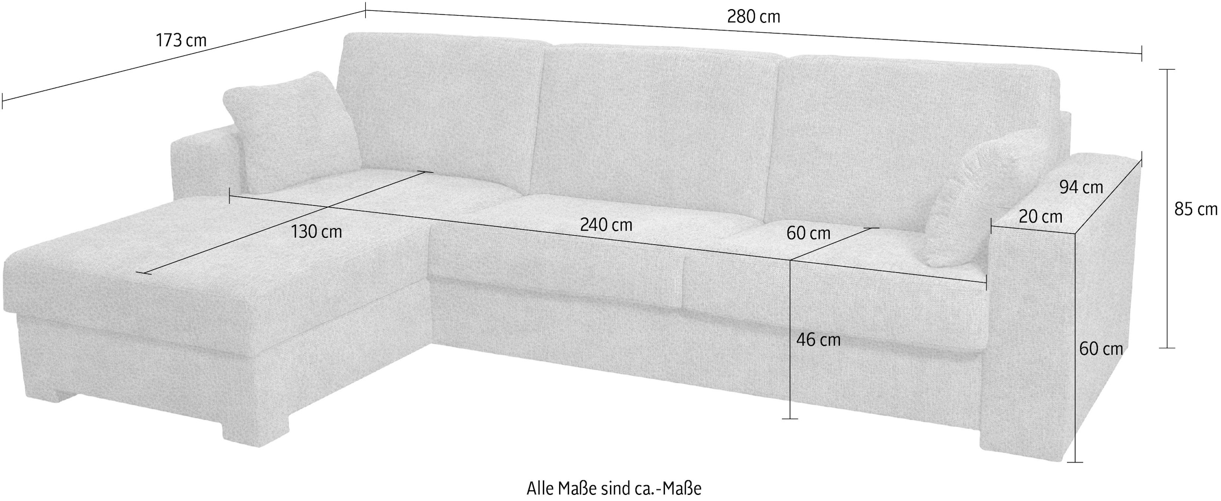 Home affaire Ecksofa »Roma "M" Matratzenhöhe 14 cm, Dauerschlaffunktion, mit Unterfederung,«, Liegemasse ca 143x198 cm, L-Form