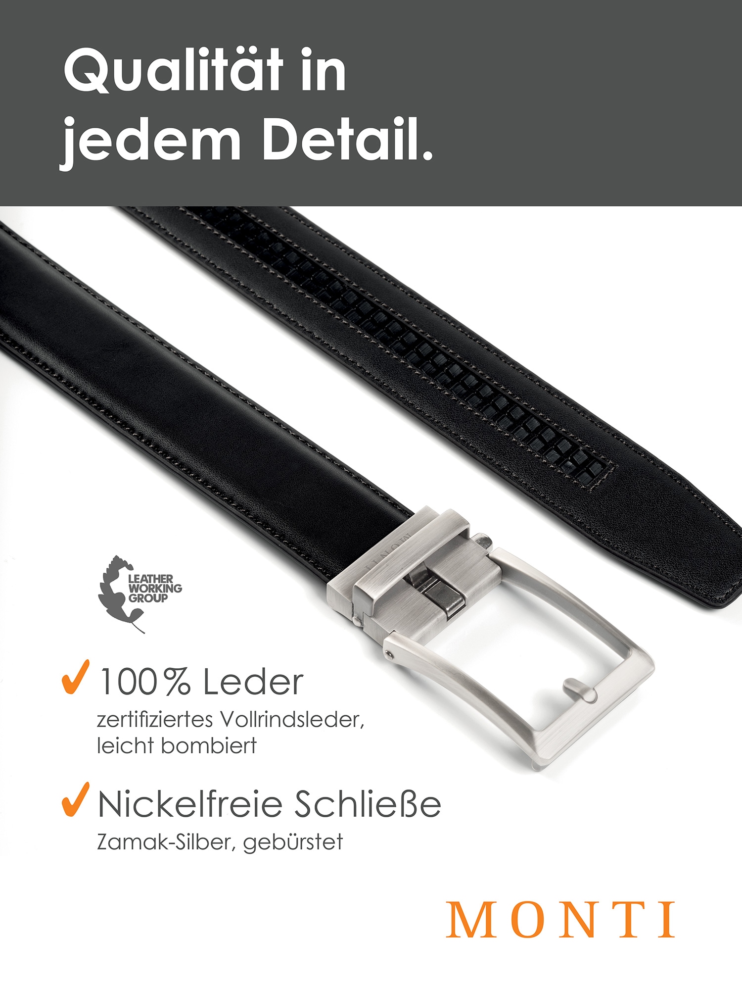 MONTI Ledergürtel, 3,5 cm breit, Klassisch-Business, Automatikschliesse - Passt immer