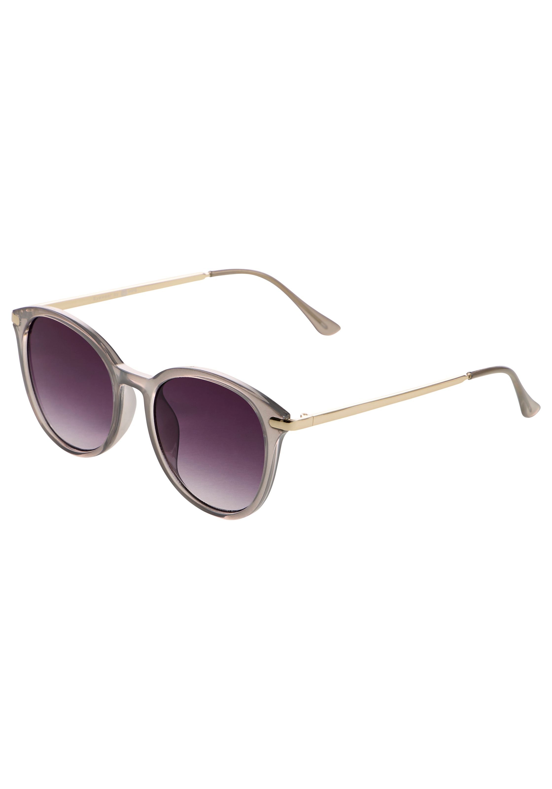 Image of Laura Scott Sonnenbrille "mit hellgoldfarben glänzenden Bügel" rundes Design, transparente graue Fassung, graue Verlaufsgläser