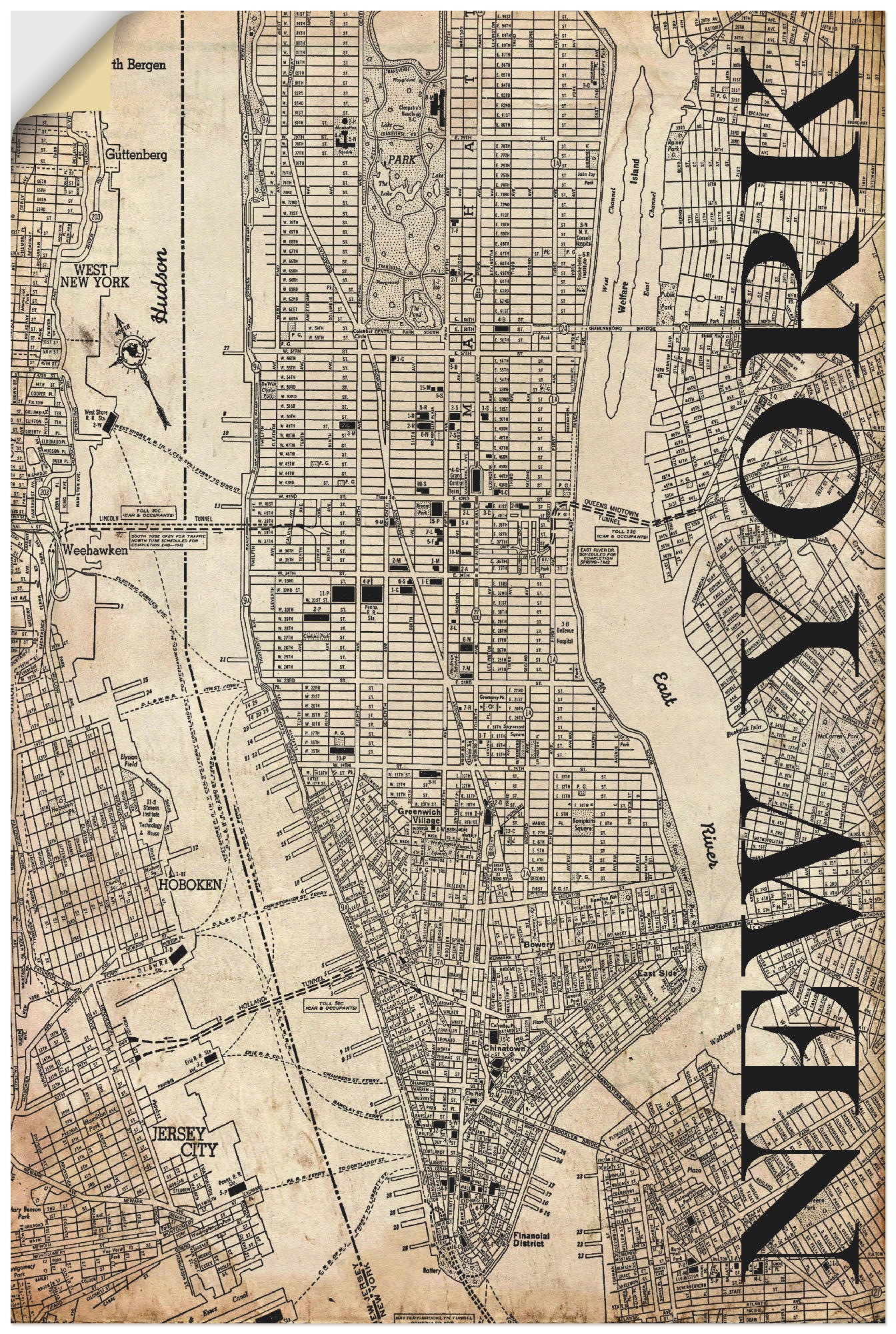 Image of Artland Wandbild »New York Karte Strassen Karte Grunge«, Amerika, (1 St.), in vielen Grössen & Produktarten - Alubild / Outdoorbild für den Aussenbereich, Leinwandbild, Poster, Wandaufkleber / Wandtattoo auch für Badezimmer geeignet bei Ackermann Versand 