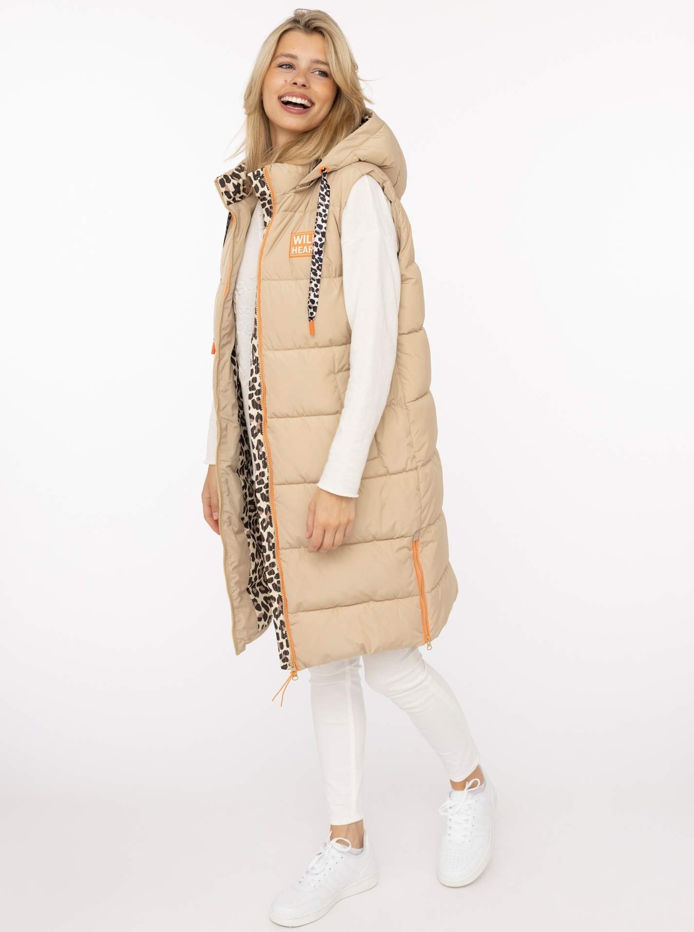 Zwillingsherz Gilet long »„Leo“« avec capuche, fermeture éclair à l'avant et sur les côtés, poches, détails léopard,