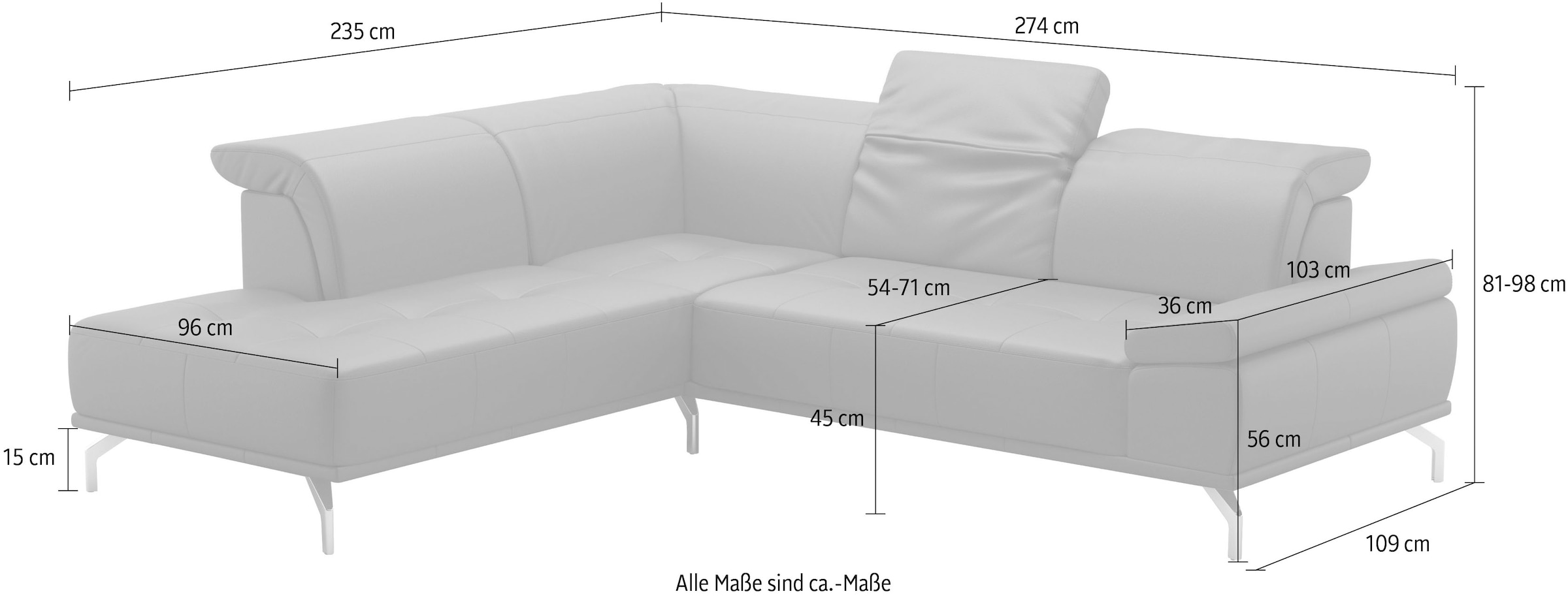 Places of Style Ecksofa »Caluna«, Inkl.Sitztiefenverstellung, wahlweise mit Kopf- und Armteilverstellung