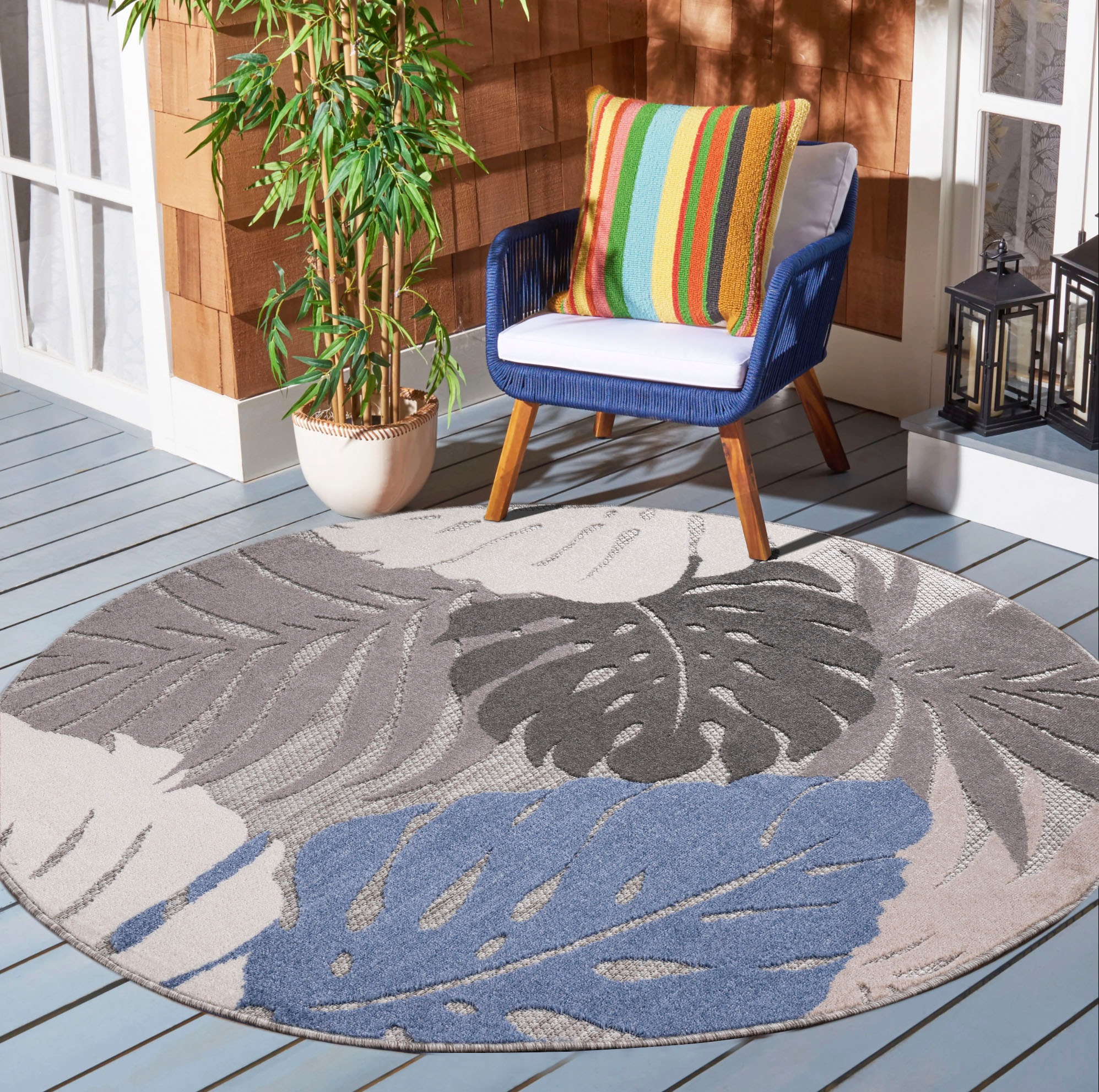 Image of Sanat Teppich "Floral Outdoor" rund 6 mm Höhe In- und Outdoor geeignet, florales Design, Balkon, Terasse