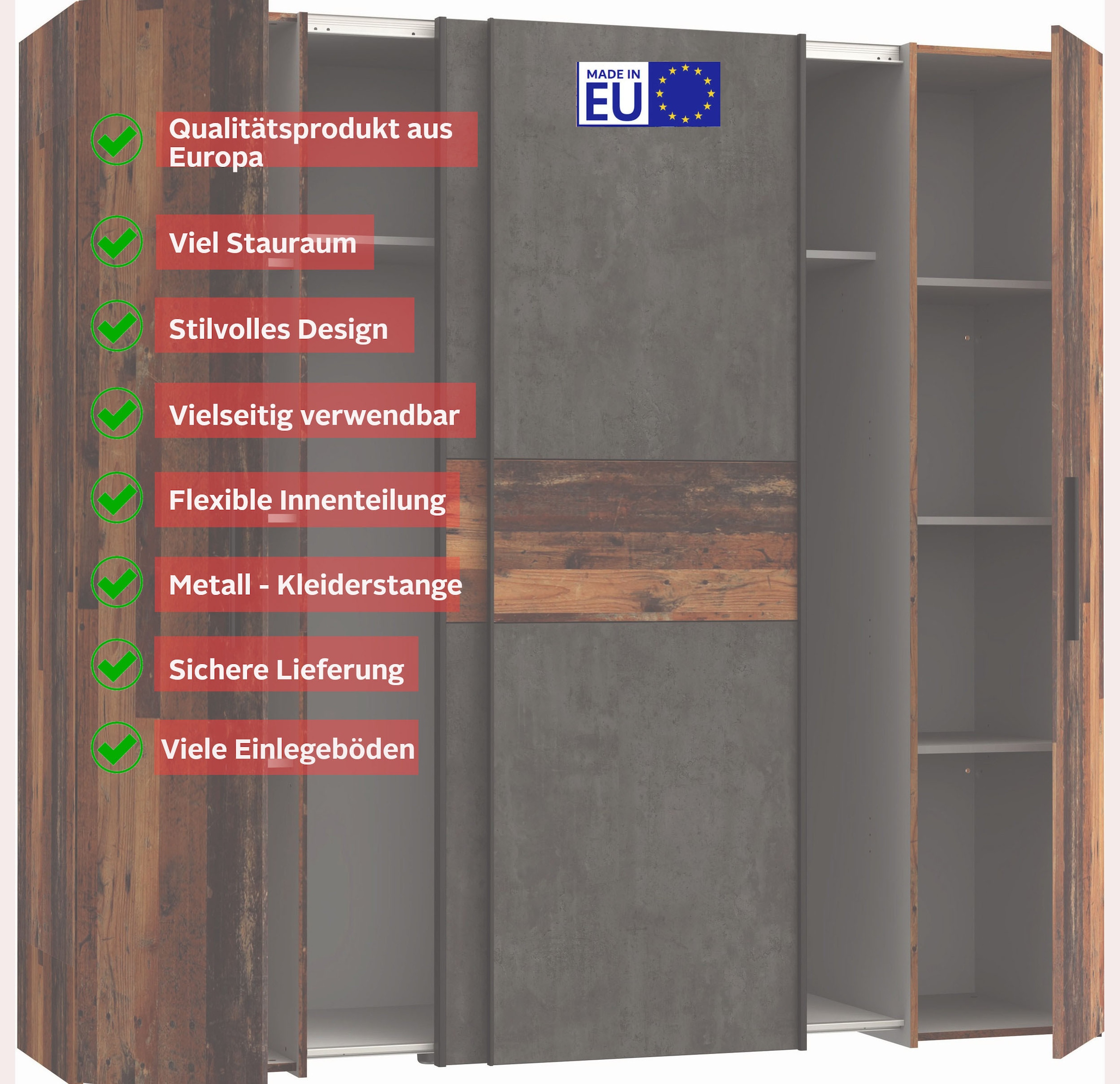 FORTE Kleiderschrank »Kalixtus, Made in Europe« B/H/T ca. 200x190x60 cm, 2 Schiebetüren, 2 Drehtüren, 8 Einlegeböden,  Kombination aus Dreh- und Schwebetüren, mehrere Farben
