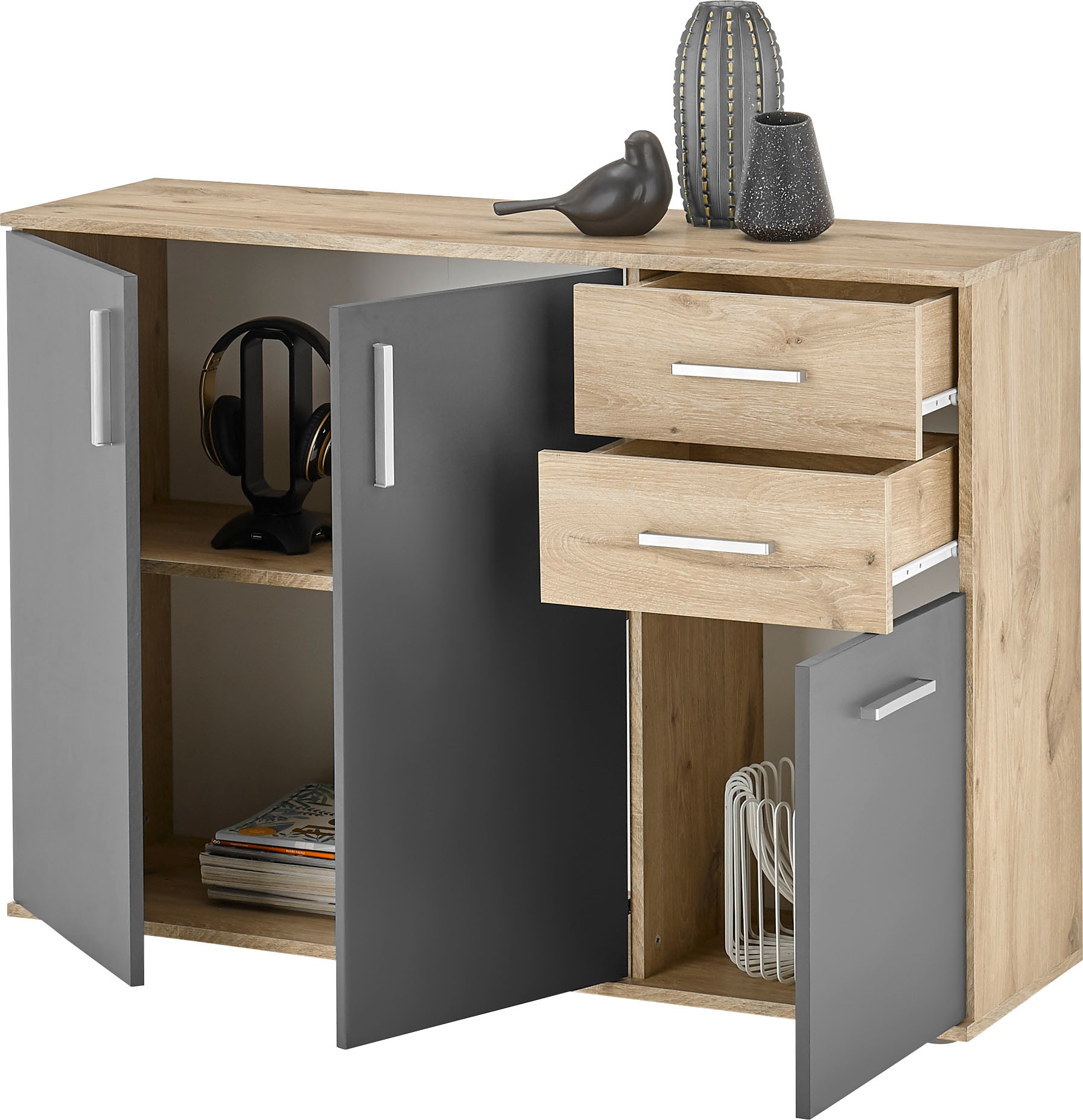 HBZ Commode »BC-Drift-2, Sideboard Stellmass BxHxT 120x84x35 cm« 1 cuis tlg. Kommode mit 3 Türen, 2 Schubkästen und 1 Einlegeboden
