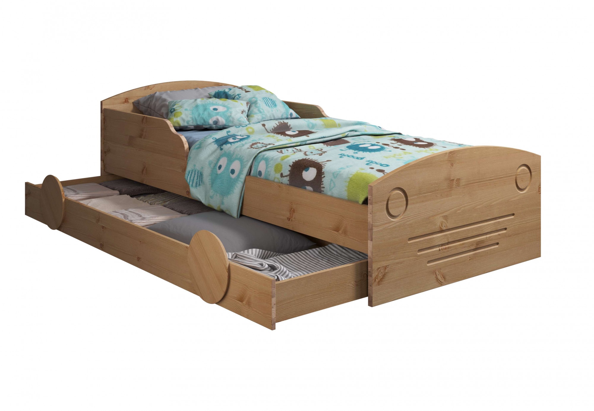 Lüttenhütt Kinderbett »Levke, zertifiziertes Massivholz (Kiefer), 90x200cm + 80x160cm«, Autobett, mit Rausfallschutz, inklusive Schubkasten und Lattenrost