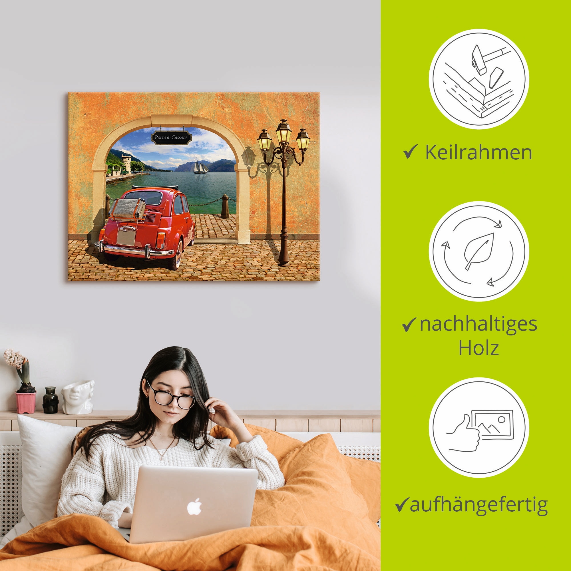 Artland Wandbild »Kleiner italienischer Hafen«, Auto, (1 St.), als Leinwandbild, Poster in verschied. Grössen