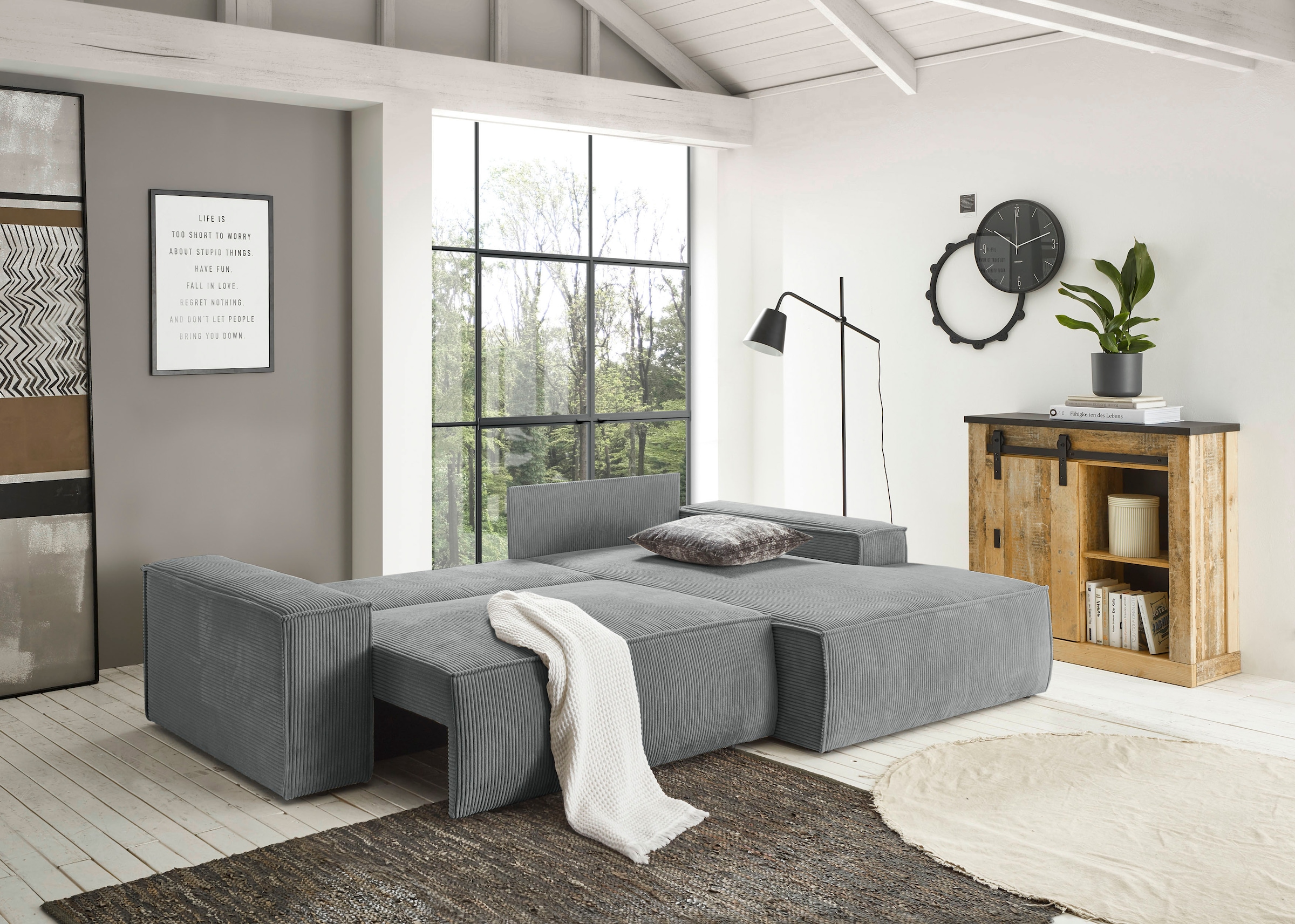 Home affaire Ecksofa SHERWOOD Schlafsofa 267 cm, L-Form, Schlaffunktion mit Bettkasten (210x136 cm), Cord, Vintage, Samtvelours