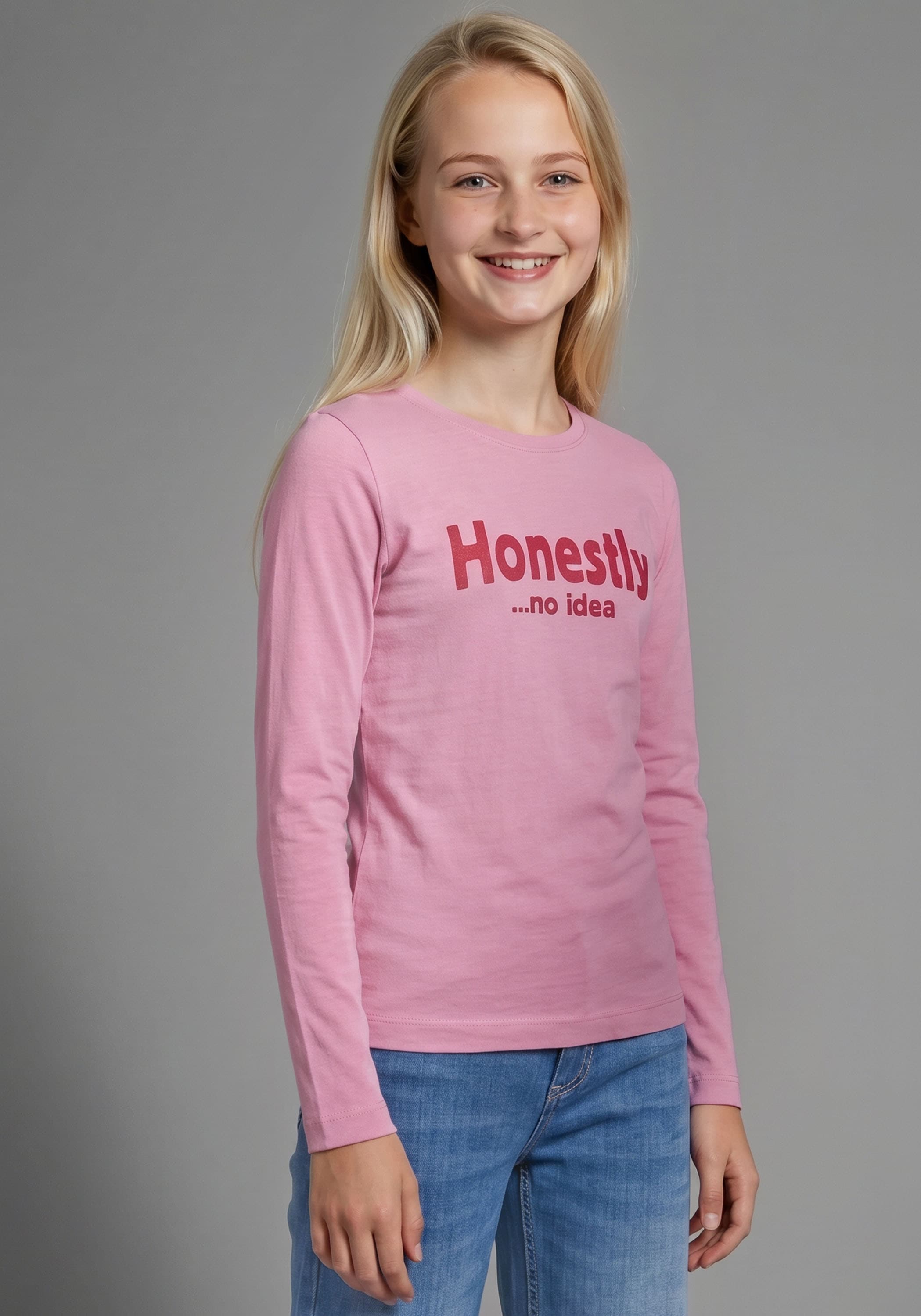 Image of KIDSWORLD Langarmshirt "Slogan Shirt: HONESTLY" Spücheshirt, langärmlig, Basic-Stil, mit tiefem Rundhalsausschnitt