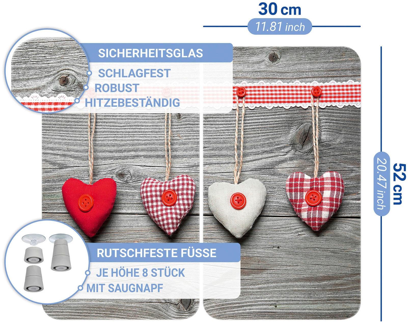WENKO Herd-Abdeckplatte »Universal Modell Herzen«, (Set, 2 tlg.), Herdabdeckung für alle Herdarten, kratzfest, mit rutschfesten Füssen