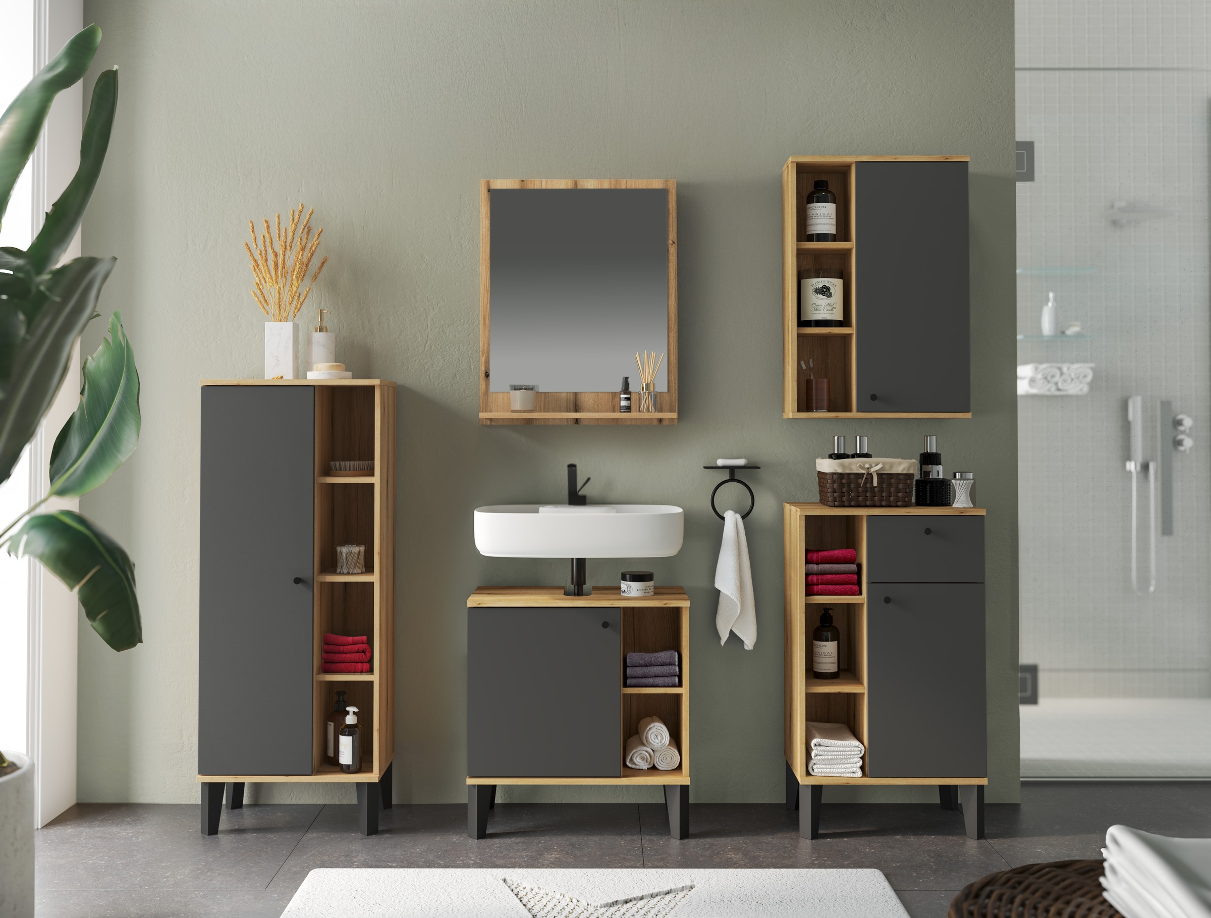 INOSIGN Badmöbel-Set »OSLO, Bad im skandinavischen Design, 5-teiliges Badezimmer« Set, 5 Stk. tlg.