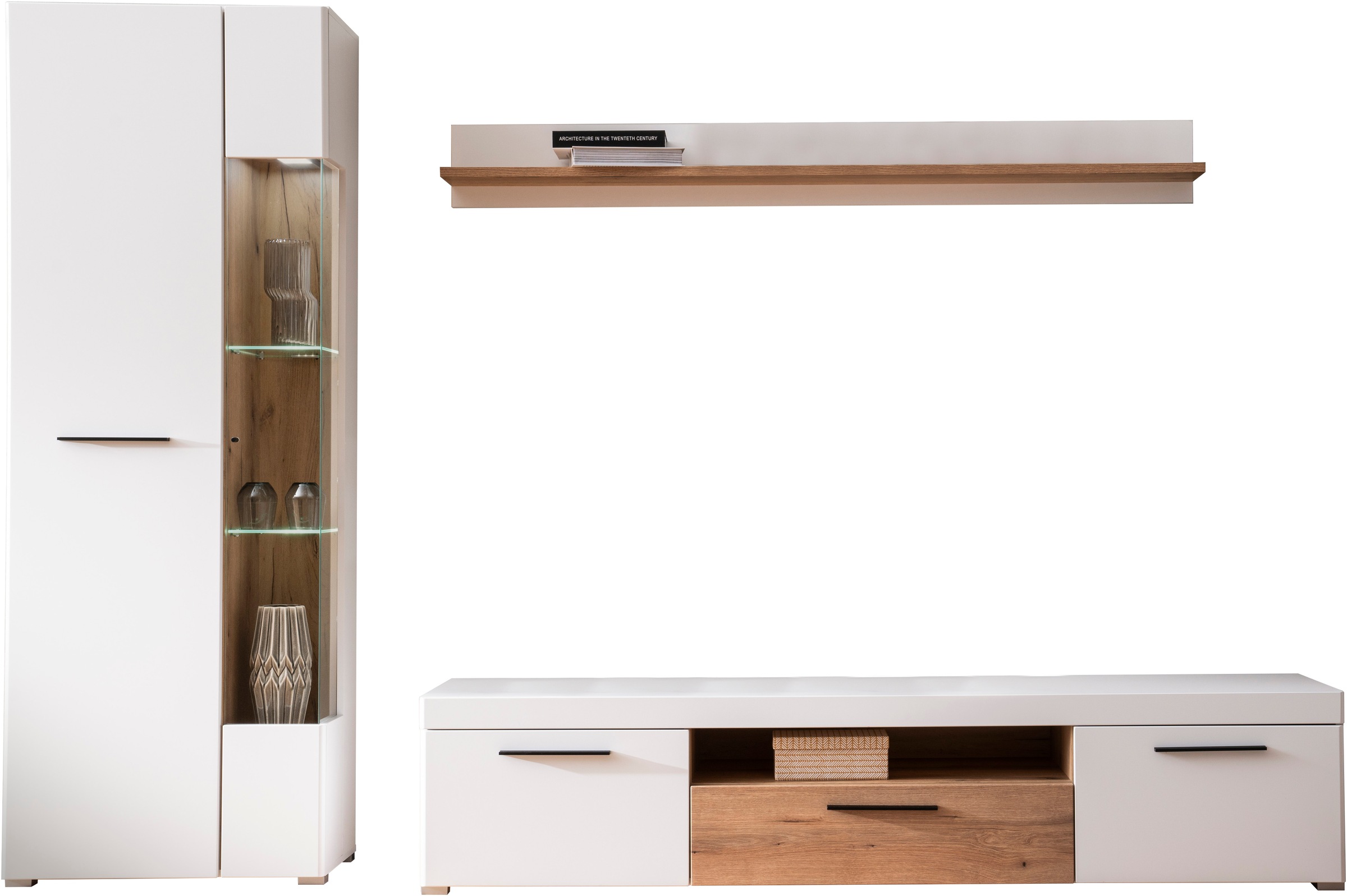INOSIGN Wohnwand »Salerno, moderne Anbauwand, Wohnzimmer-Set, Weiss mit Eiche Evoke Dekor«, (Set, 3 St.), enthält Vitrine, Lowboard + Wandboard, Metallgriffe, 287 cm breit
