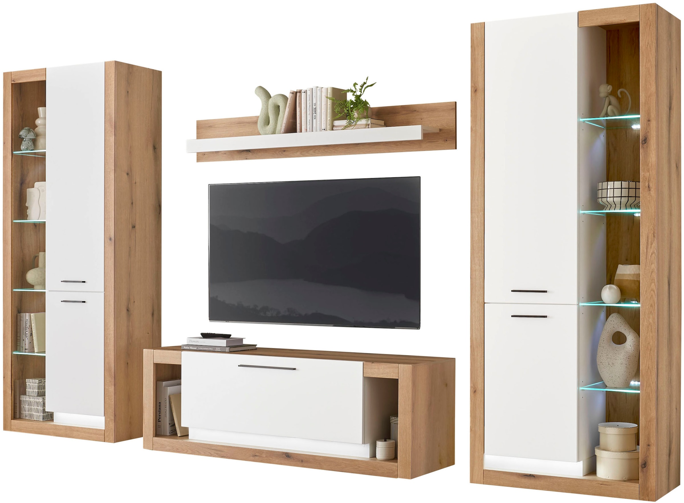 INOSIGN Wohnwand »Brixen, moderne Anbauwand, Wohnzimmer-Set, Eiche Evoke Dekor mit Weiss«, (Set, 4 St.), enthält Stauraumelemente, Lowboard und Wandboard