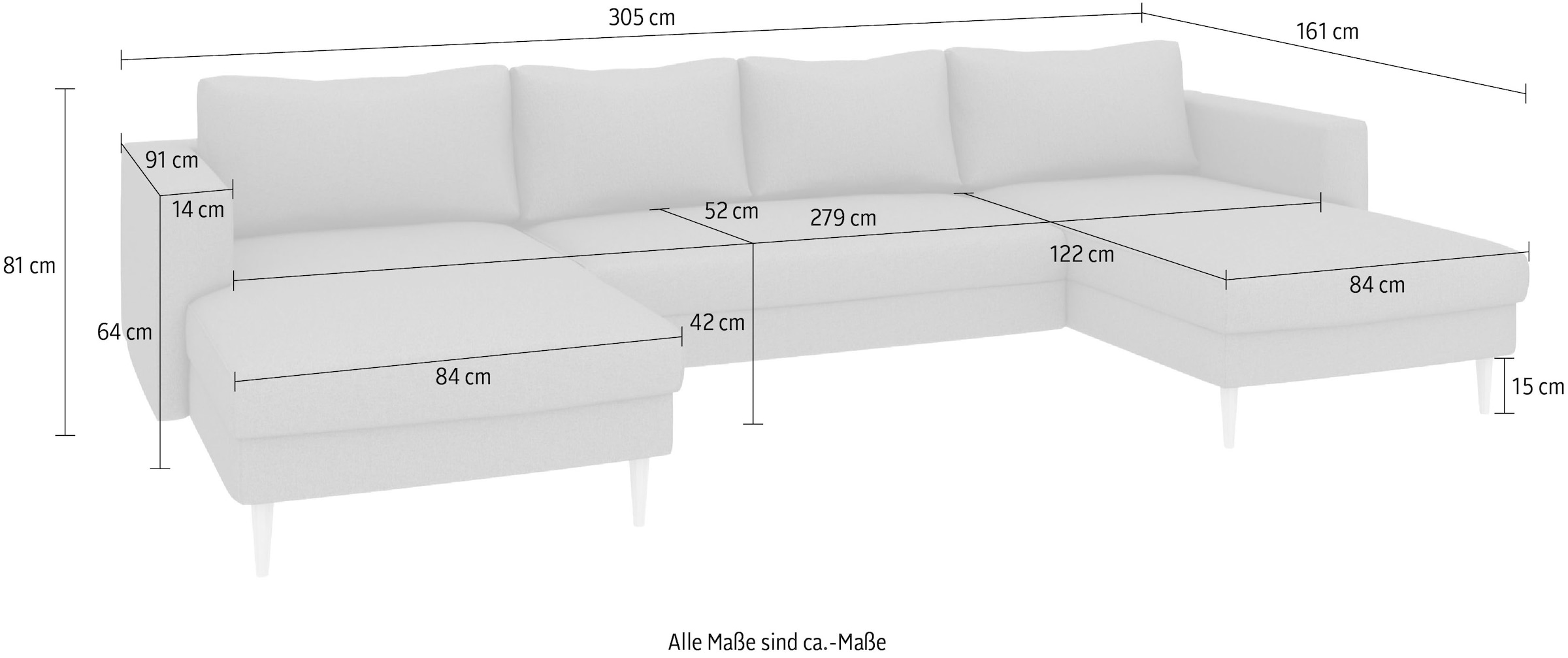 TRENDMANUFAKTUR Paysage de salon »Amazing, wahlw. mit Schlaffunktion & Bettkasten, Fuss Buche lackiert« Sofa in U-Form, in Cord oder Struktur, Breite 305 cm