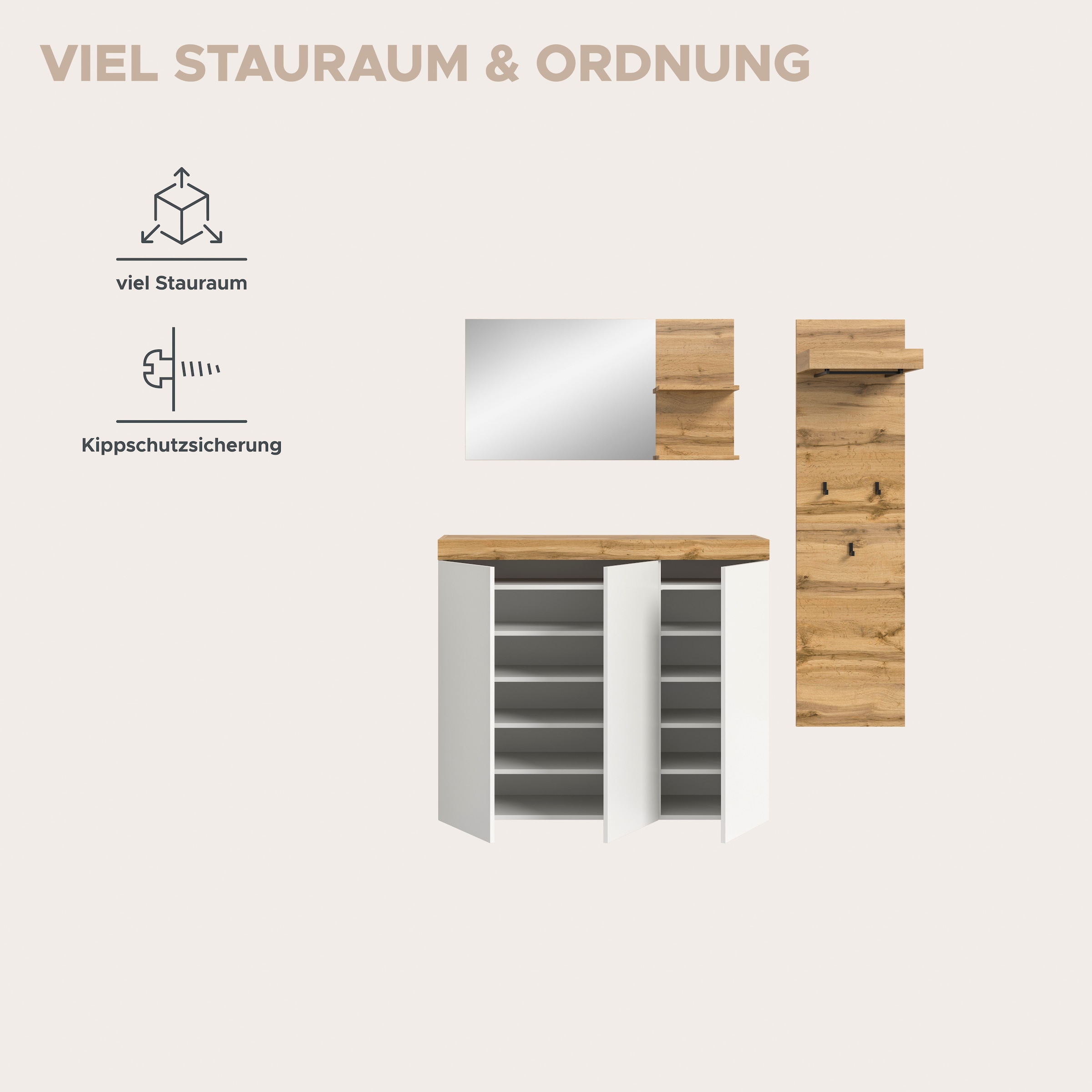 GOODproduct Ensemble de vestiaires »MAMBO, TOPSELLER!, 3-teilige Kombination, stehend & hängend montierbar« bestehend aus: Kommode, Spiegel, Garderobenpaneel, 3 cuis tlg.