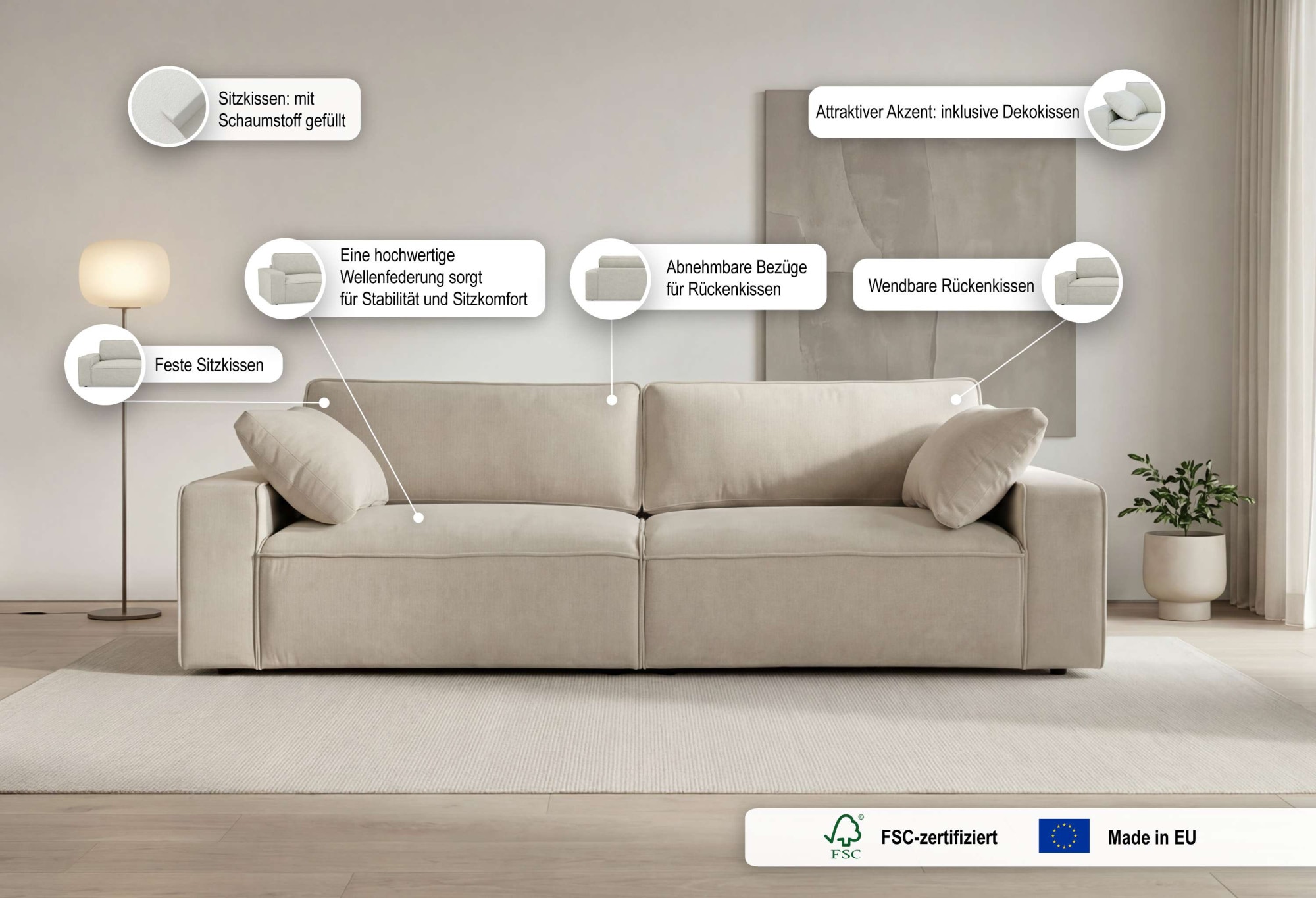 GOODproduct 3-Sitzer »Mittell, Chenille« Breite 245 cm, bodentief, extra Kissen inkl., tiefe Sitzfläche