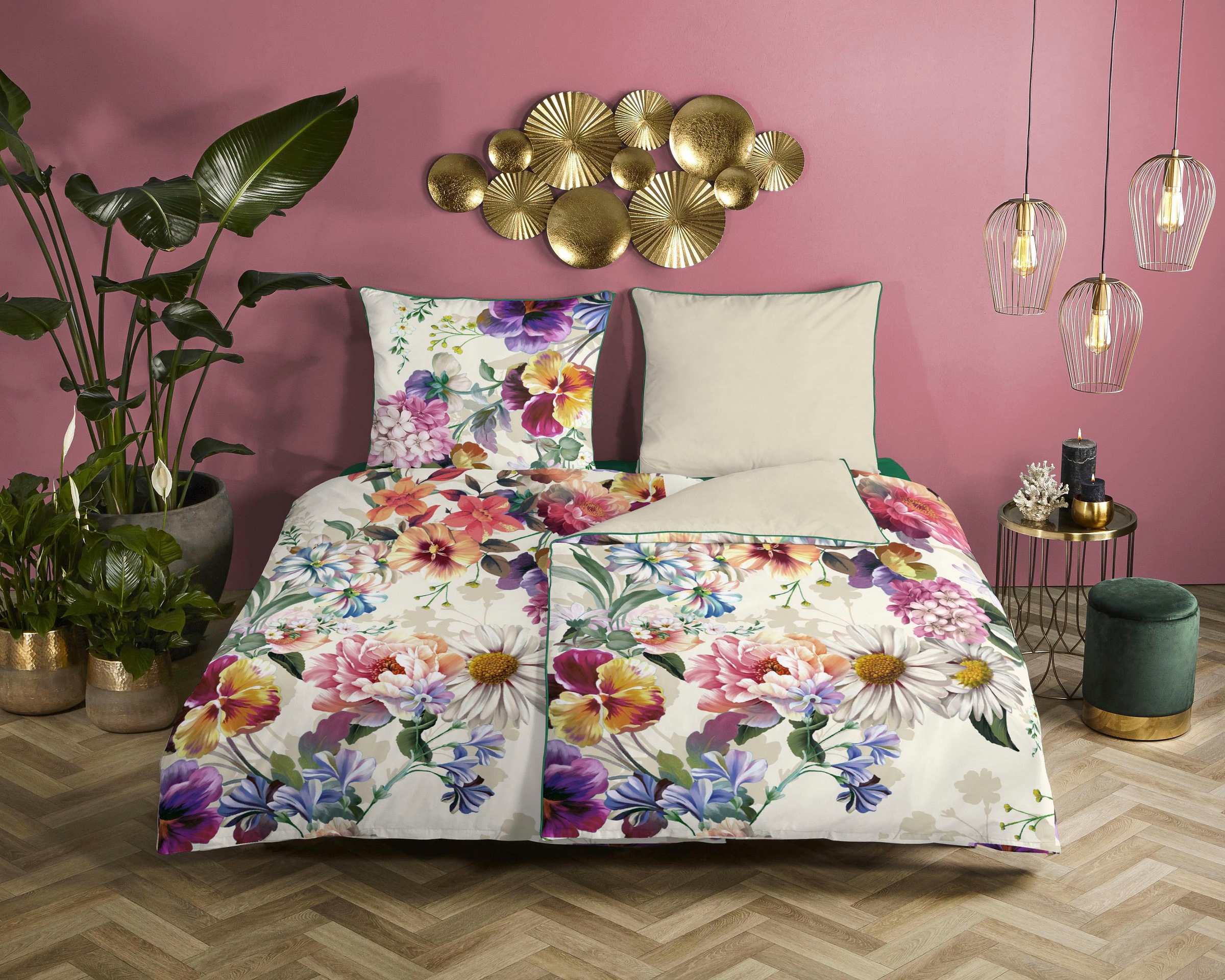 Descanso Wendebettwäsche »Novara«, Baumwolle, Satin, 135x200, Biese, Reissverschluss, Wende, Blumen, Natur