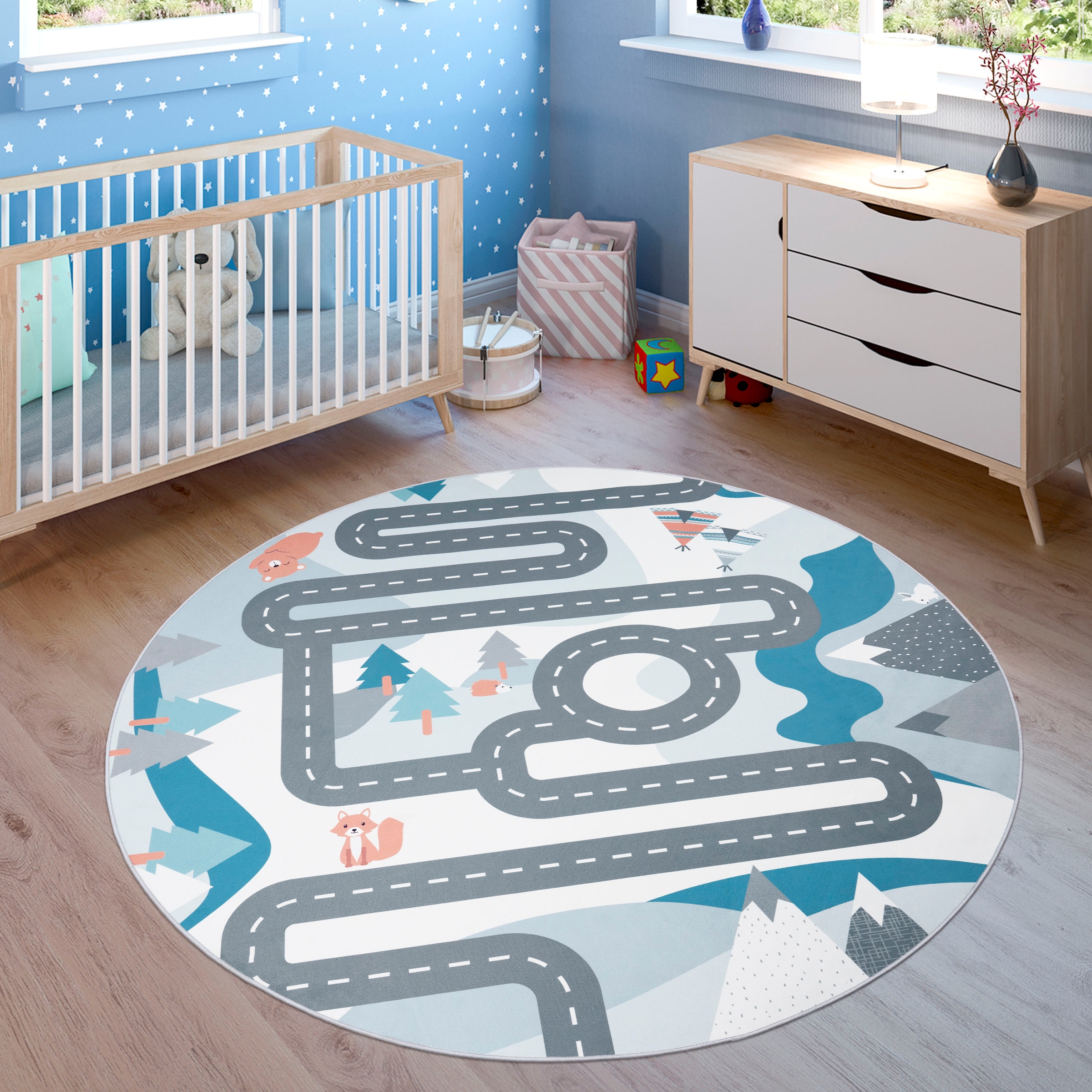 Image of Paco Home Kinderteppich "Bino 574" rund 4 mm Höhe Kurzflor, Strassen-Spiel-Teppich, Tippis & Wald, Kinderzimmer
