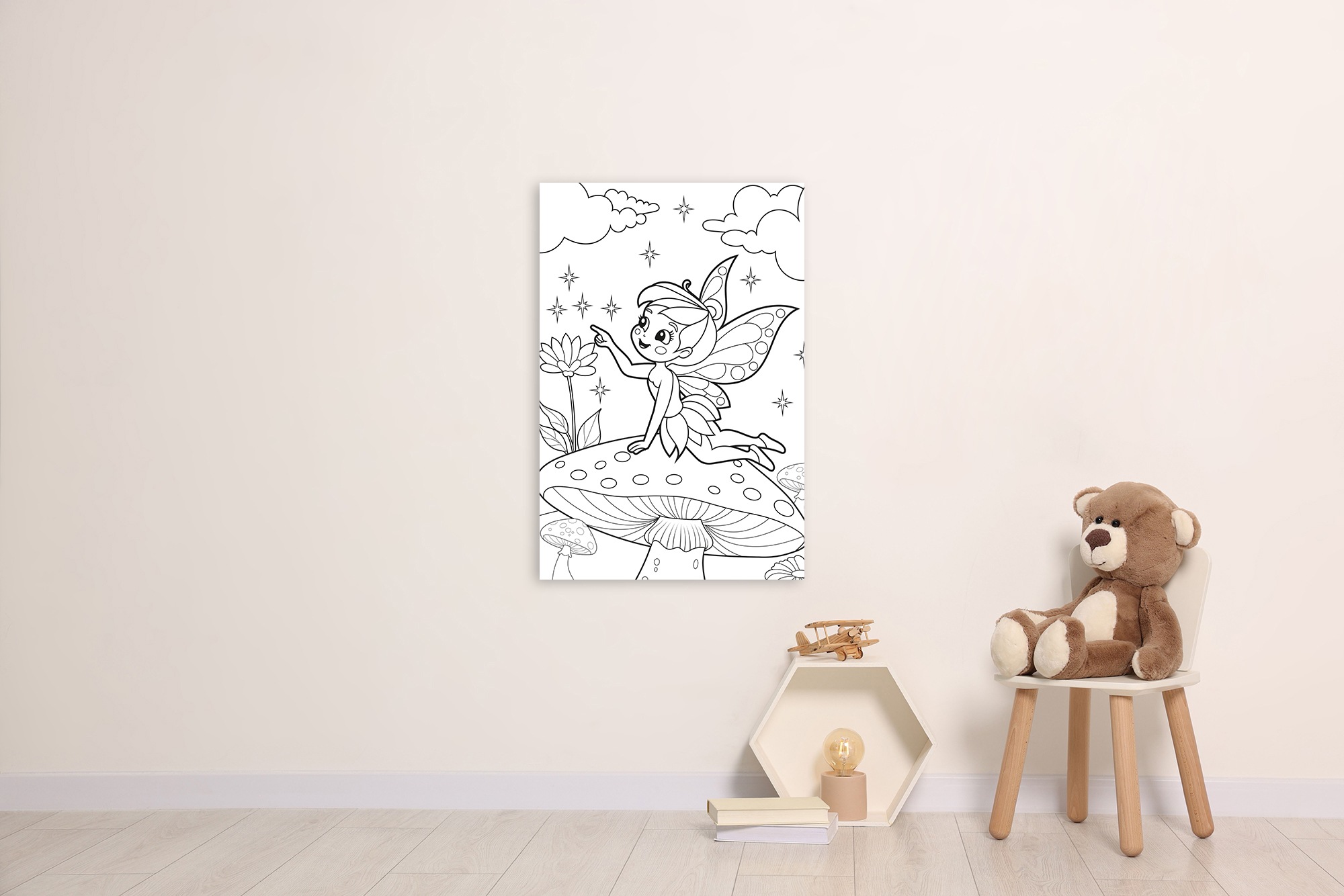 Image of queence Bild "Elfe auf Fliegenpilz" Blumen Blumenbilder Blätter Blätterbilder Feen Figuren Mädchen Märchen Märchenbilder Wichtel klassische Fantasie 1 Stk. tlg. DIY Wandbild aus Dibond