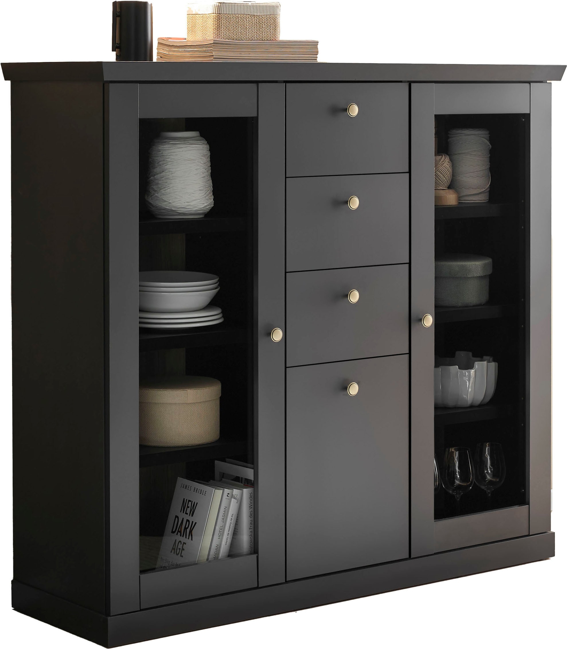 Home affaire Highboard »Lincoln, moderner Schrank, schwarzer Stauraumschrank, 129 cm breit« edles Design, messingfarbene Knopfgriffe, vielseitig einsetzbar