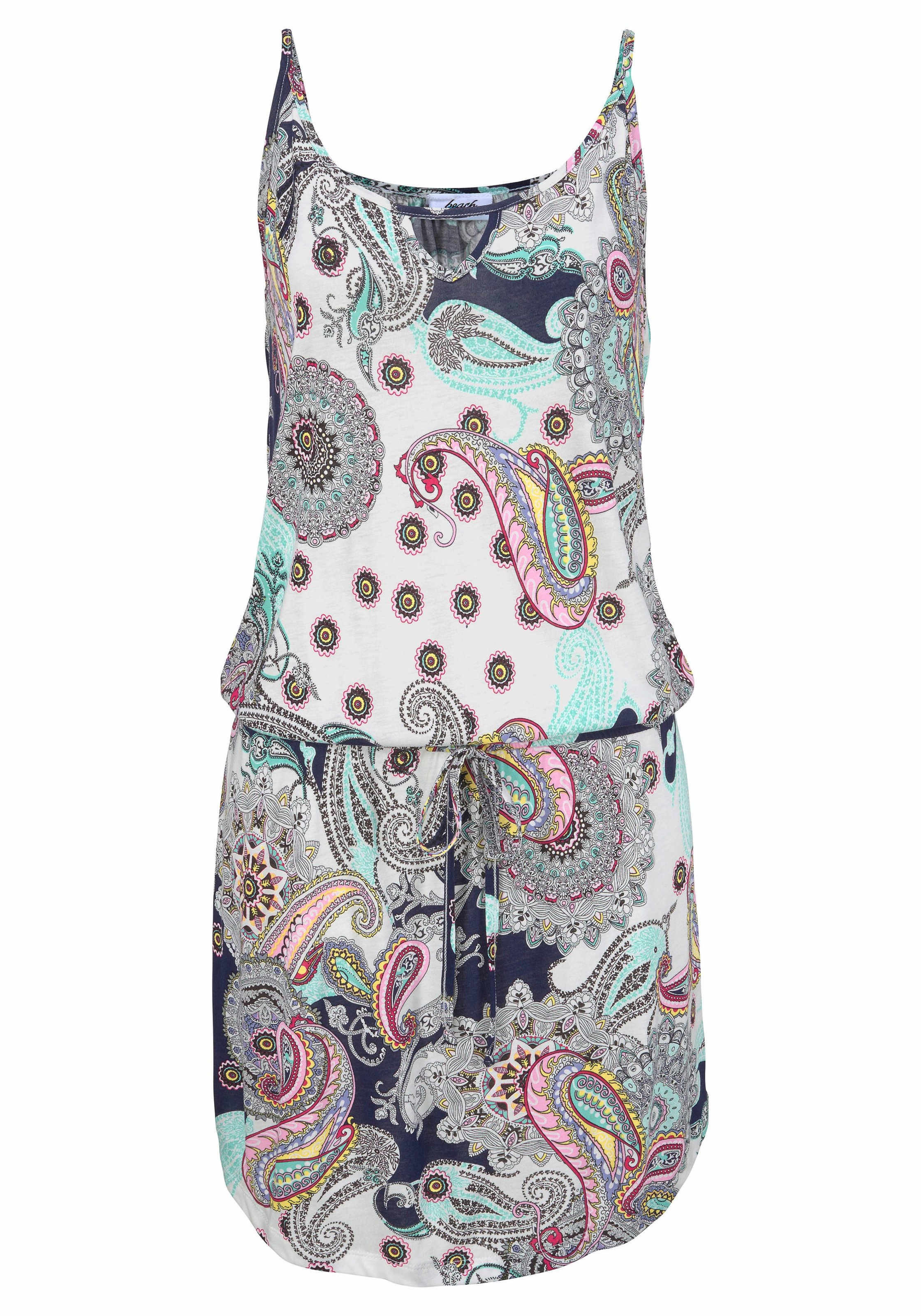 Beachtime by Lascana Strandkleid "mit Paisleymuster in lockerer Passform, Jerseykleid aus Viskose" Ohne Taschen Leichtes Minikleid, bedrucktes Sommerkleid, Spaghettikleid, Minikleid