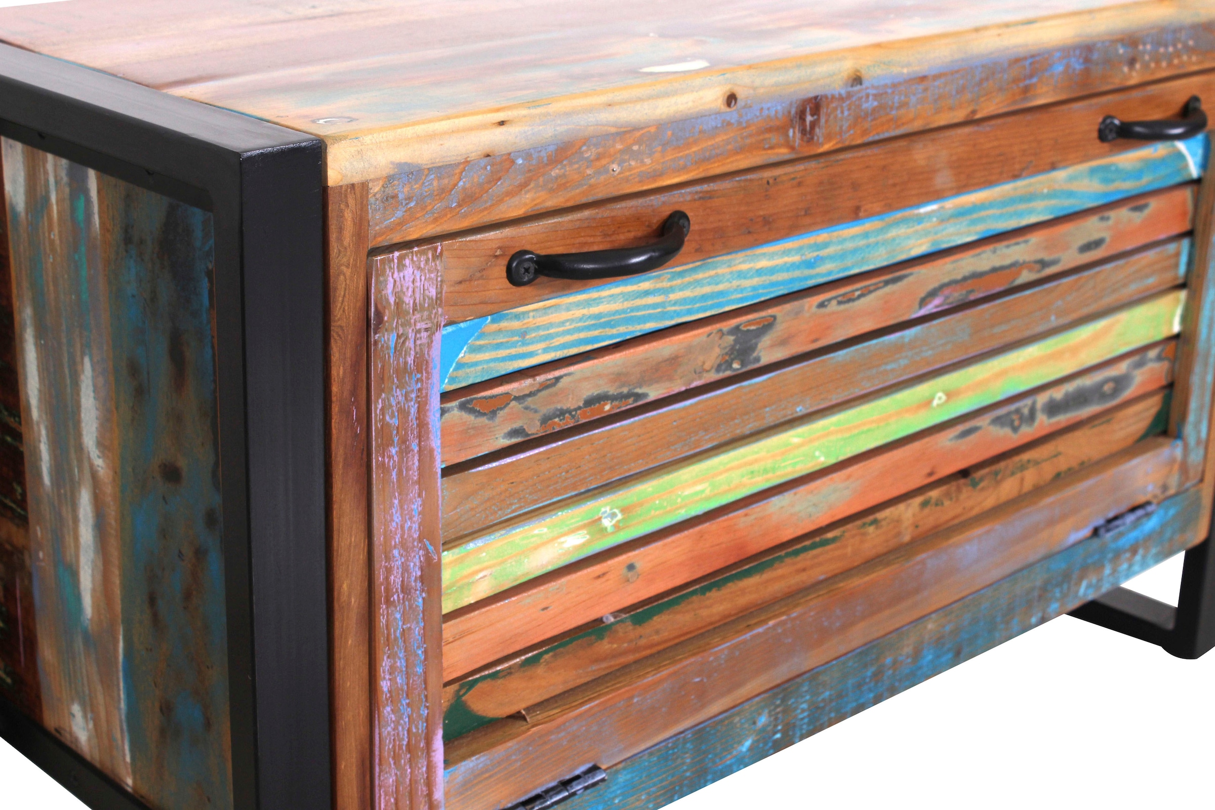 SIT Schuhschrank »Procida aus Altholz – bunte Lamellenfront – 1 Klappe« Für ca. 6 Paar Schuhe mit bunter Lamellenfront und Metallrahmen