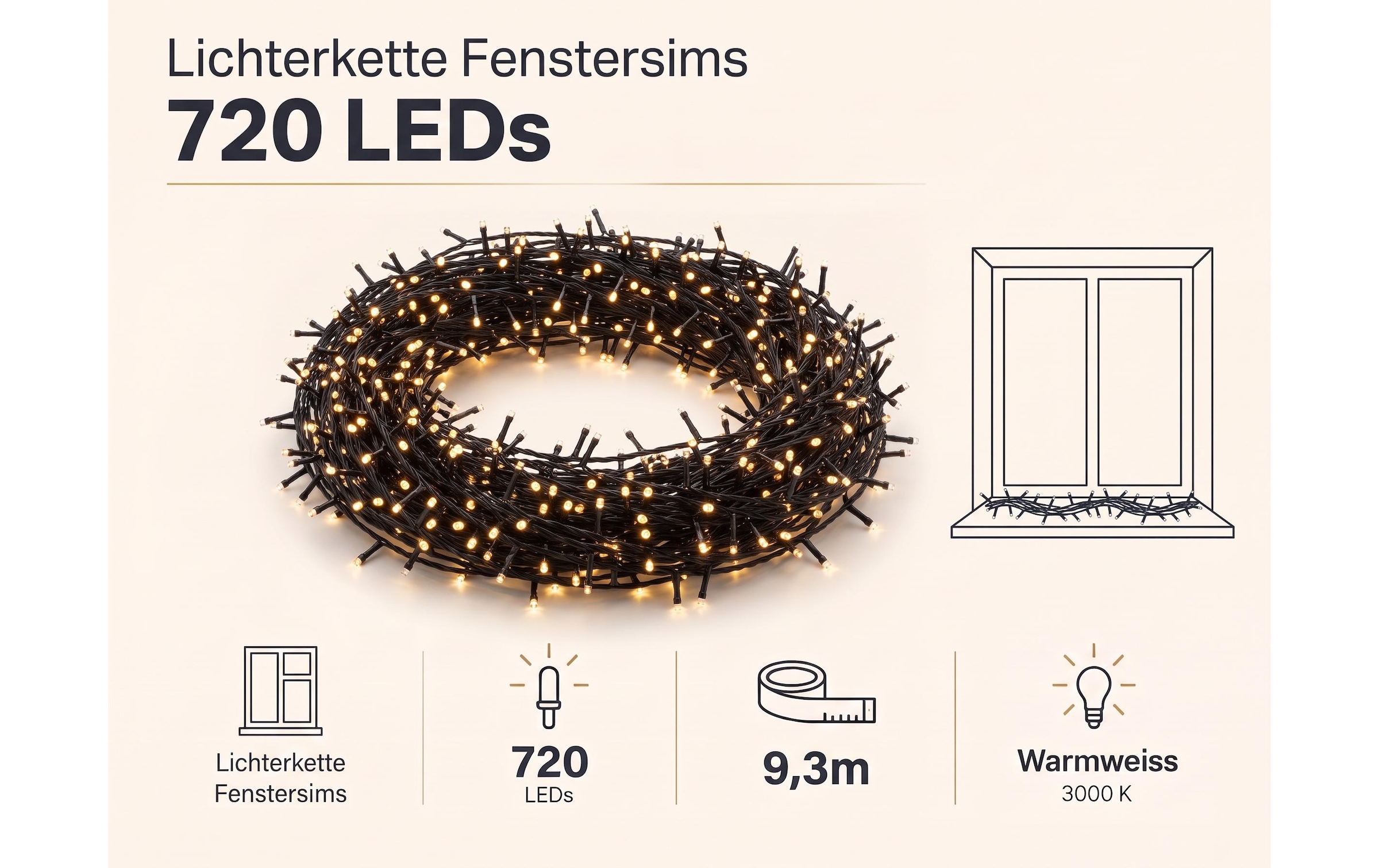 Cocon Lichterkette »Lichterkette Fenstersims, 720 LEDs Warmweiss, 9.3 m«