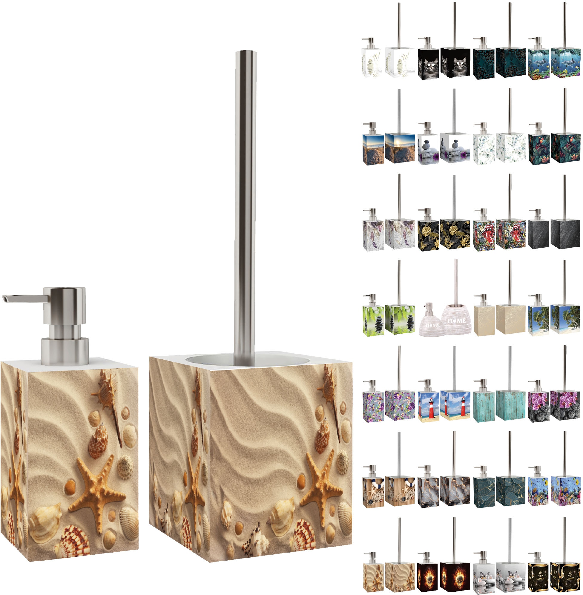 Sanilo Set d'accessoires de salle de bain »mit Motiv, viele schöne Seifenspender und WC Bürsten zur Auswahl« 2-tlg., Desinfektionsspender mit stabiler Pumpe, hochwertig & modern