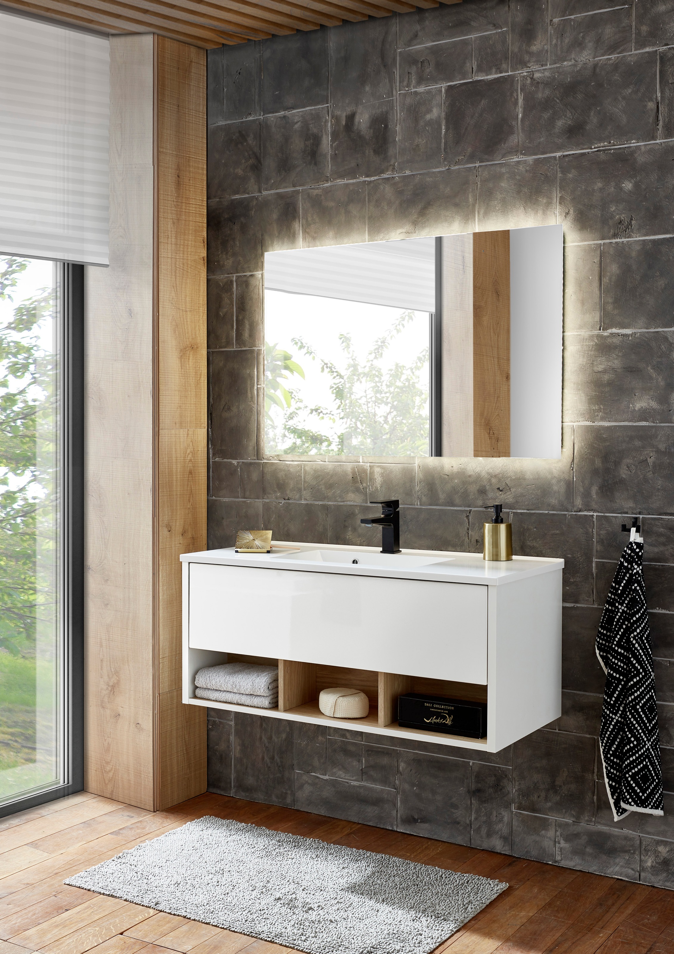 PLACES OF STYLE Badmöbel-Set »Studio Line, Bad im modernen Design, 2-teiliges Badezimmer« in 2 Farben und 2 Spiegelformen lieferbar, 2 Stk. tlg.