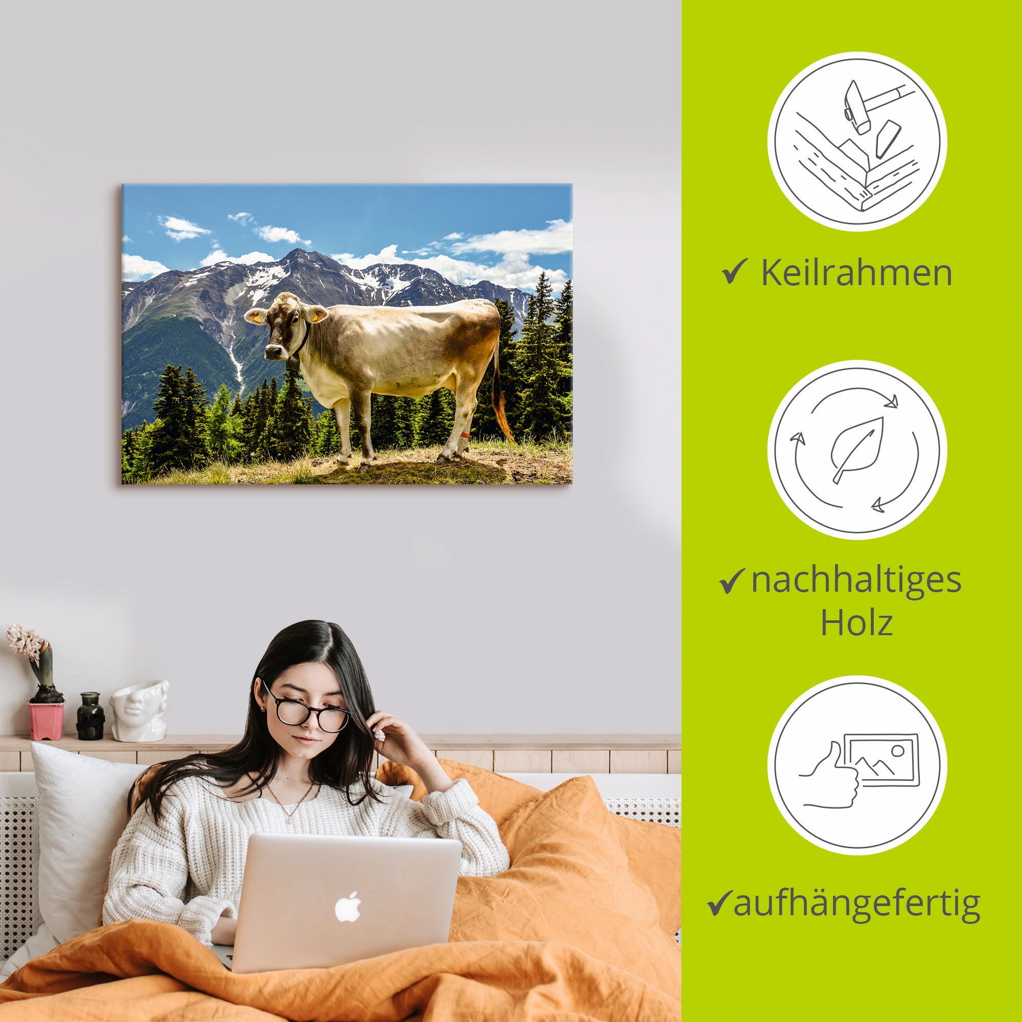 Artland Wandbild »Bergkuh in den Alpen im Sommer«, Haustiere, (1 St.), als Leinwandbild, Poster, Wandaufkleber in verschied. Grössen