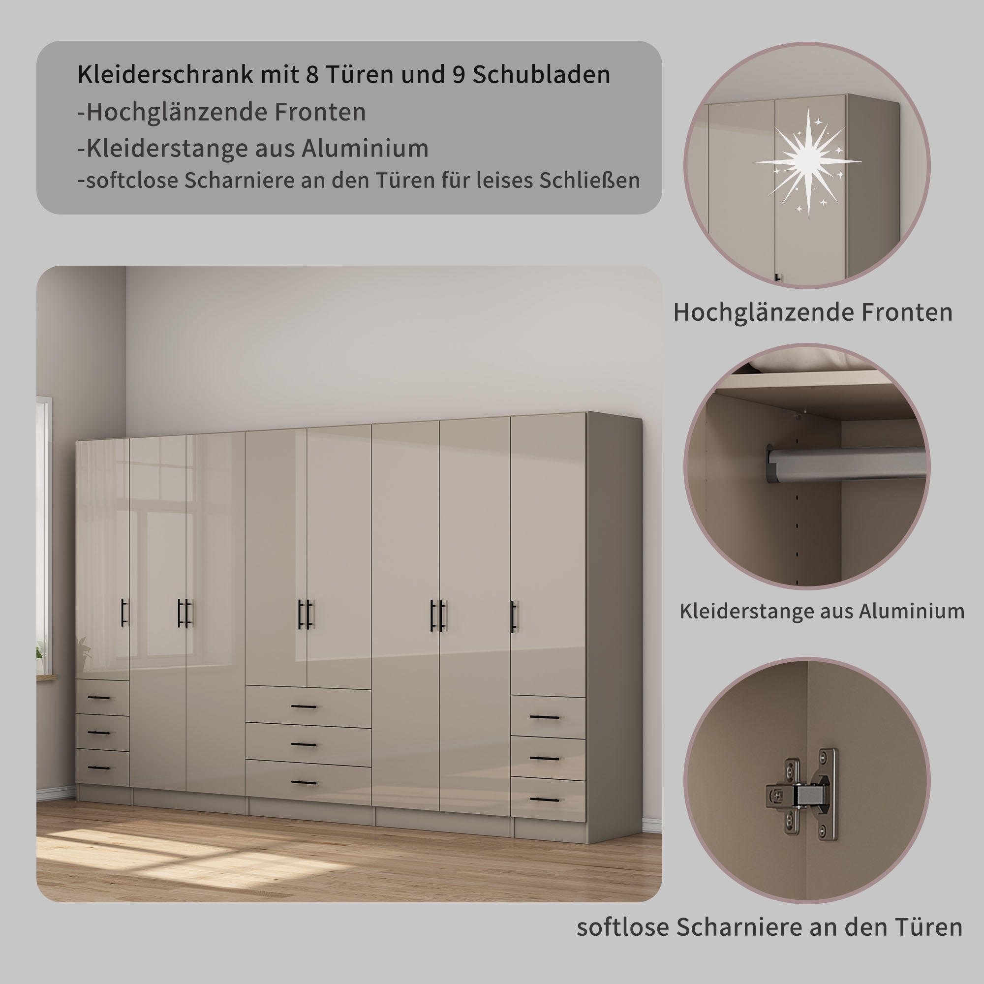 GOODproduct Kleiderschrank »Trento Schlafzimmerschrank Garderobe hochglanz« Schrank mit 8 Türen und 9 Schubladen, hochglänzende Fronten