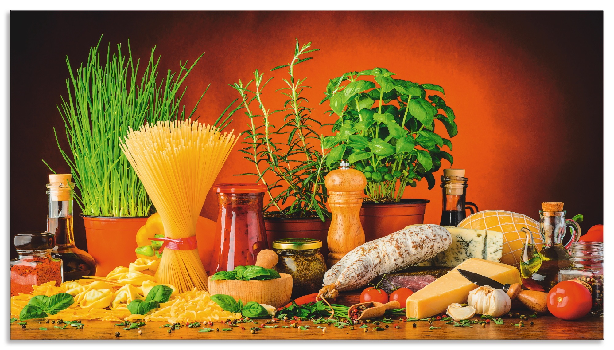 Image of Artland Küchenrückwand »Mediterranes und italienisches Essen«, (1 tlg.), selbstklebend in vielen Grössen - Spritzschutz Küche hinter Herd u. Spüle als Wandschutz vor Fett, Wasser u. Schmutz - Rückwand, Wandverkleidung aus Alu bei Ackermann Versand Schweiz