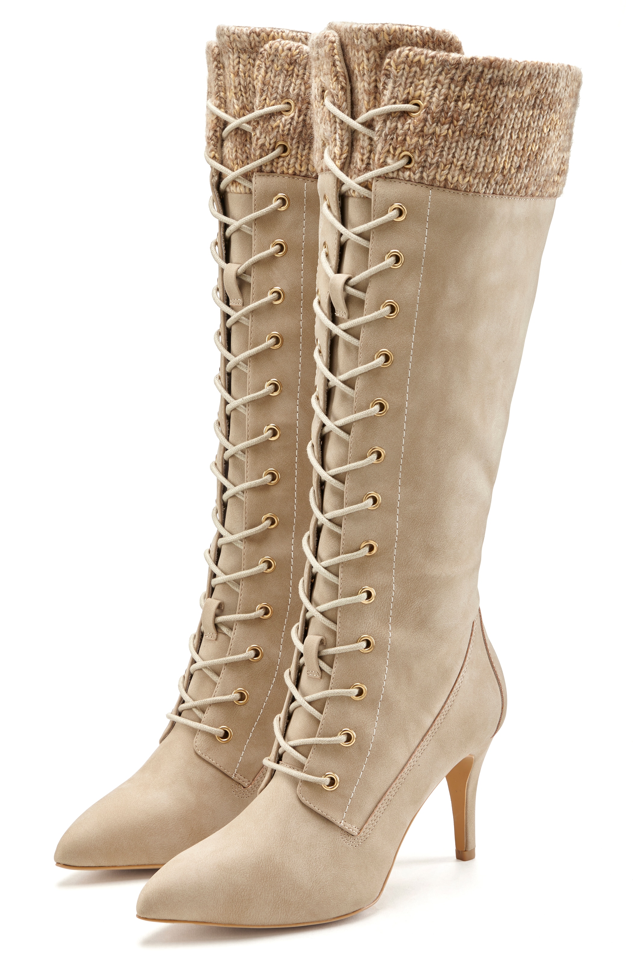 LASCANA Stiefel »Stiefelette, Langer Stiefel«, mit spitz zulaufender Form und Strickeinsatz